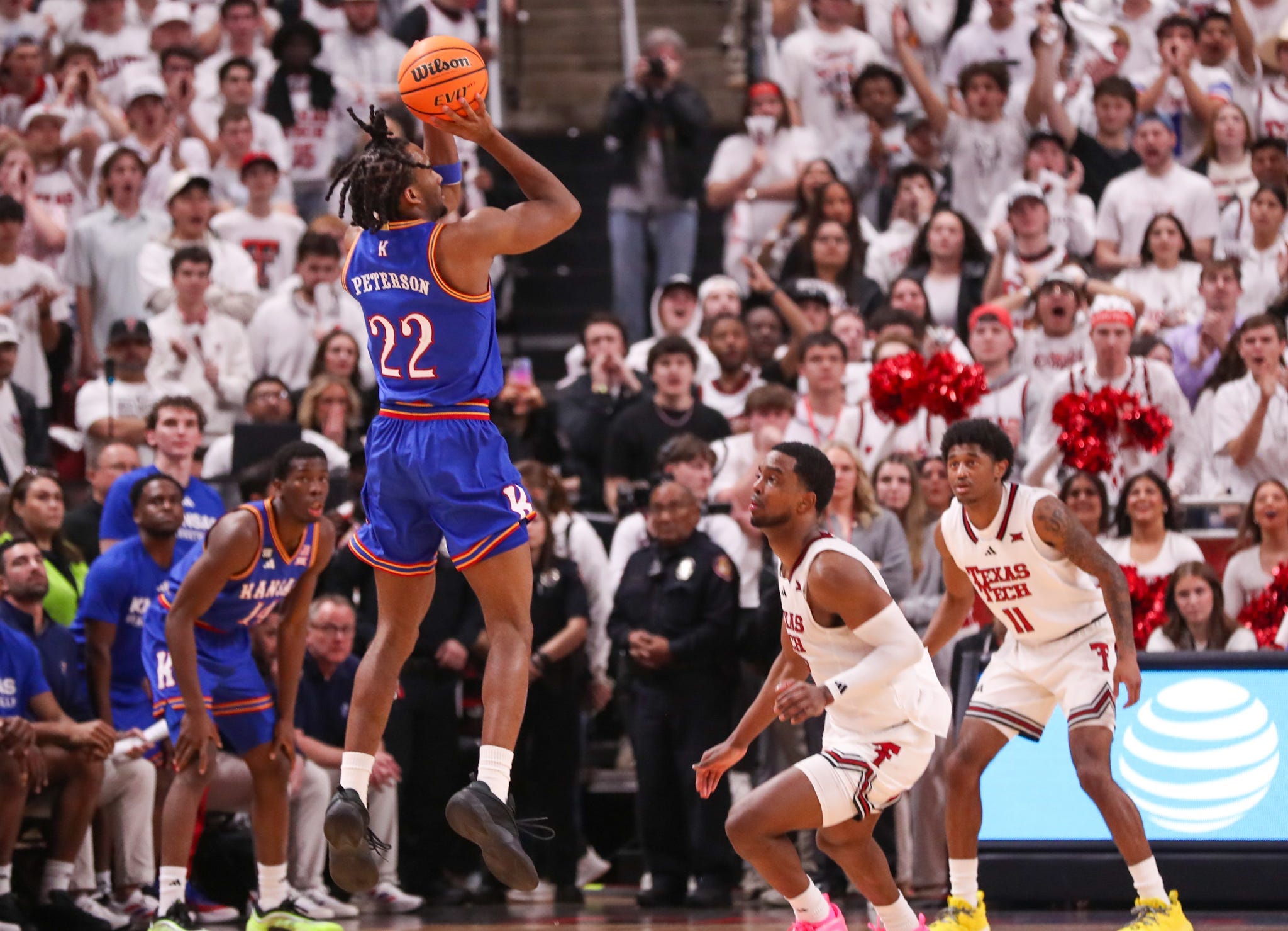 Kansas' Darryn Peterson hits the game-winning 3-pointer against Texas Tech during a Big 12 Conference men's basketball game, Monday, Feb. 2, 2026, in United Supermarkets Arena.