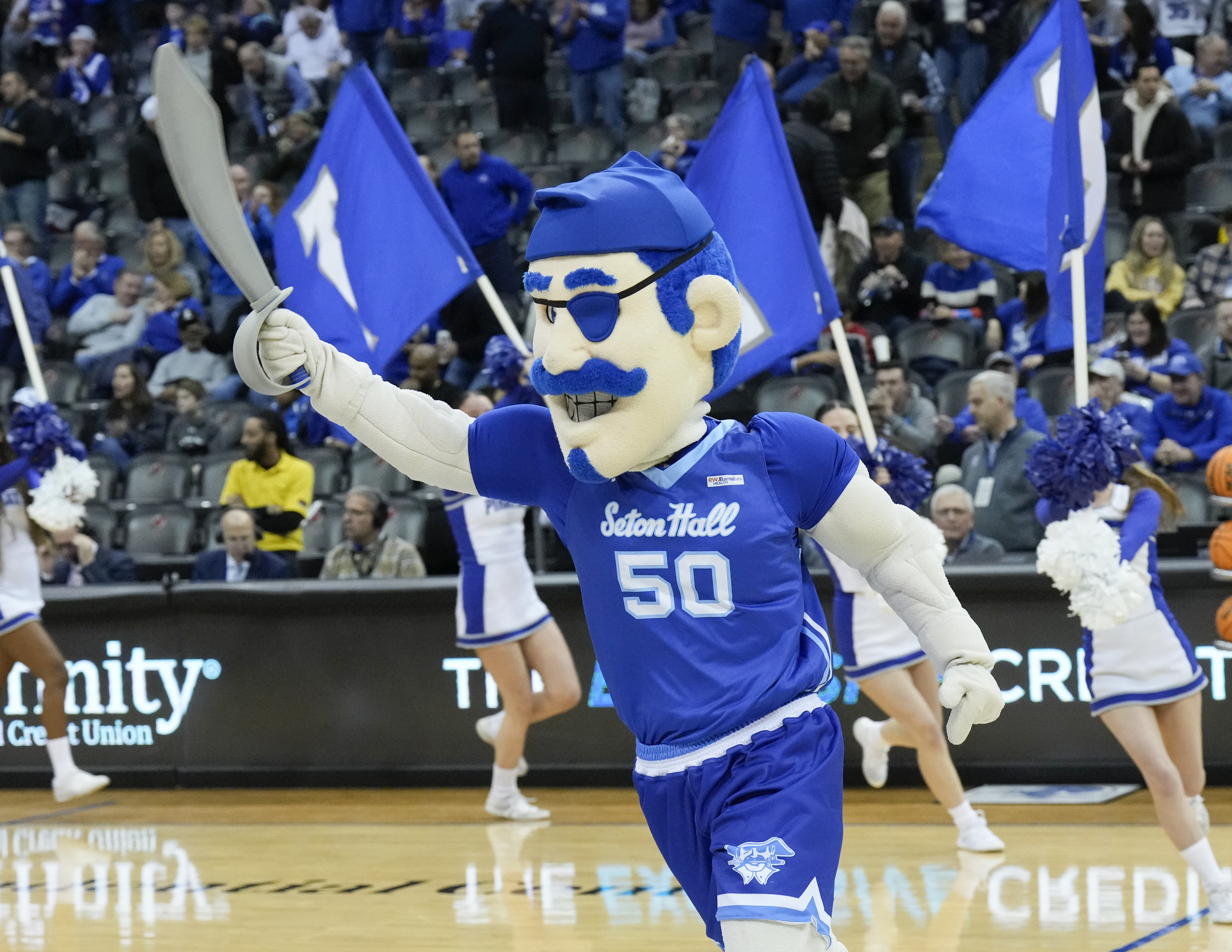 NEWARK, NJ - JANUARY 6: The Seton Hall Pirates mascot before the game between the Seton Hall Pirates and the Marquette Golden Eagles at Prudential Center on January 6, 2024 in Newark, NJ.