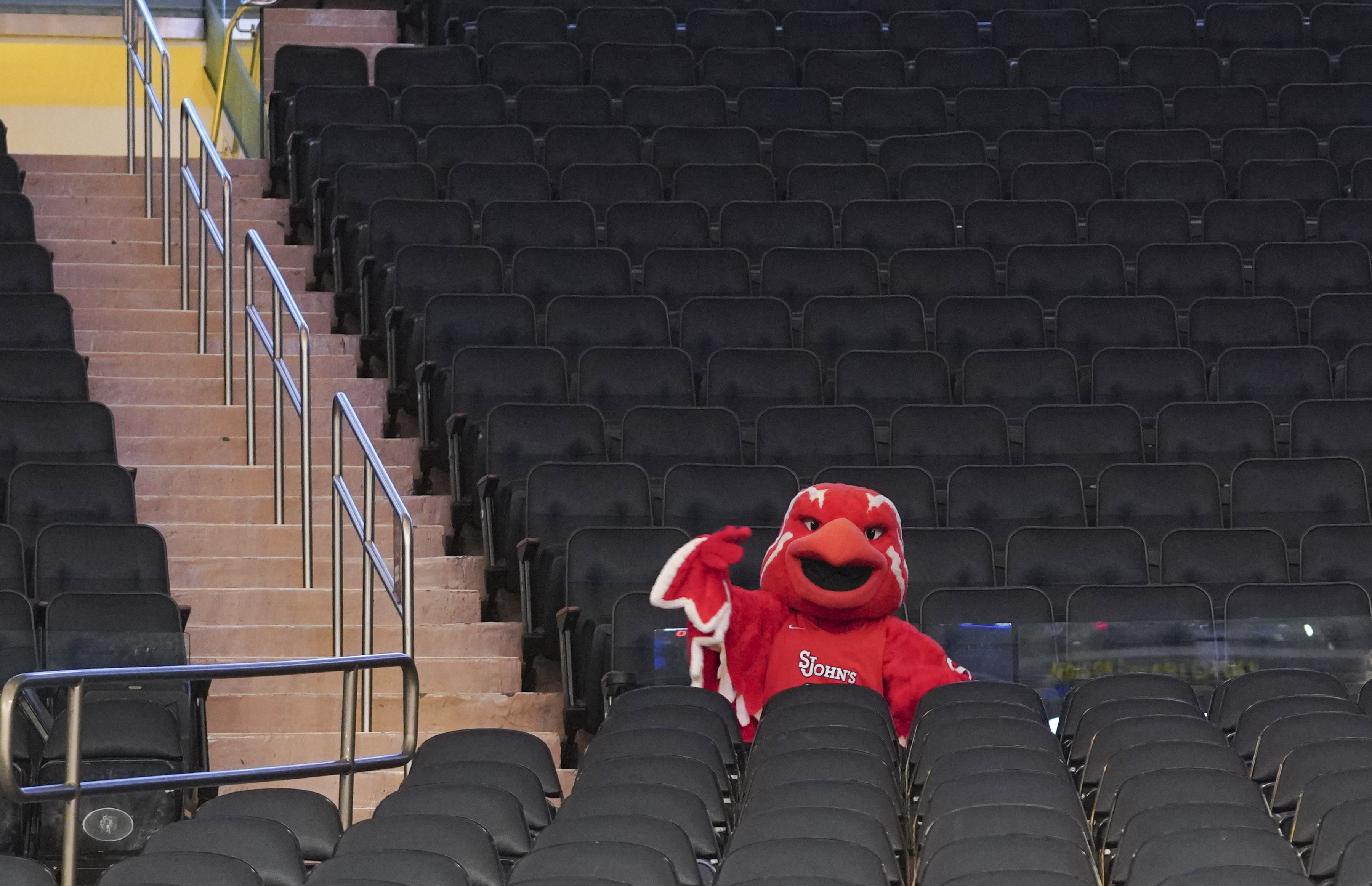 NEW YORK, NY - March 12: The St. John's Red Storm mascot sit among empty seats at halftime of a quarterfinal game against the Creighton Bluejays in the Big East Tournament at Madison Square Garden on March 12, 2020 in New York City. Each team was allowed about 200 tickets under a reduced attendance policy because of the coronavirus COVID-19.