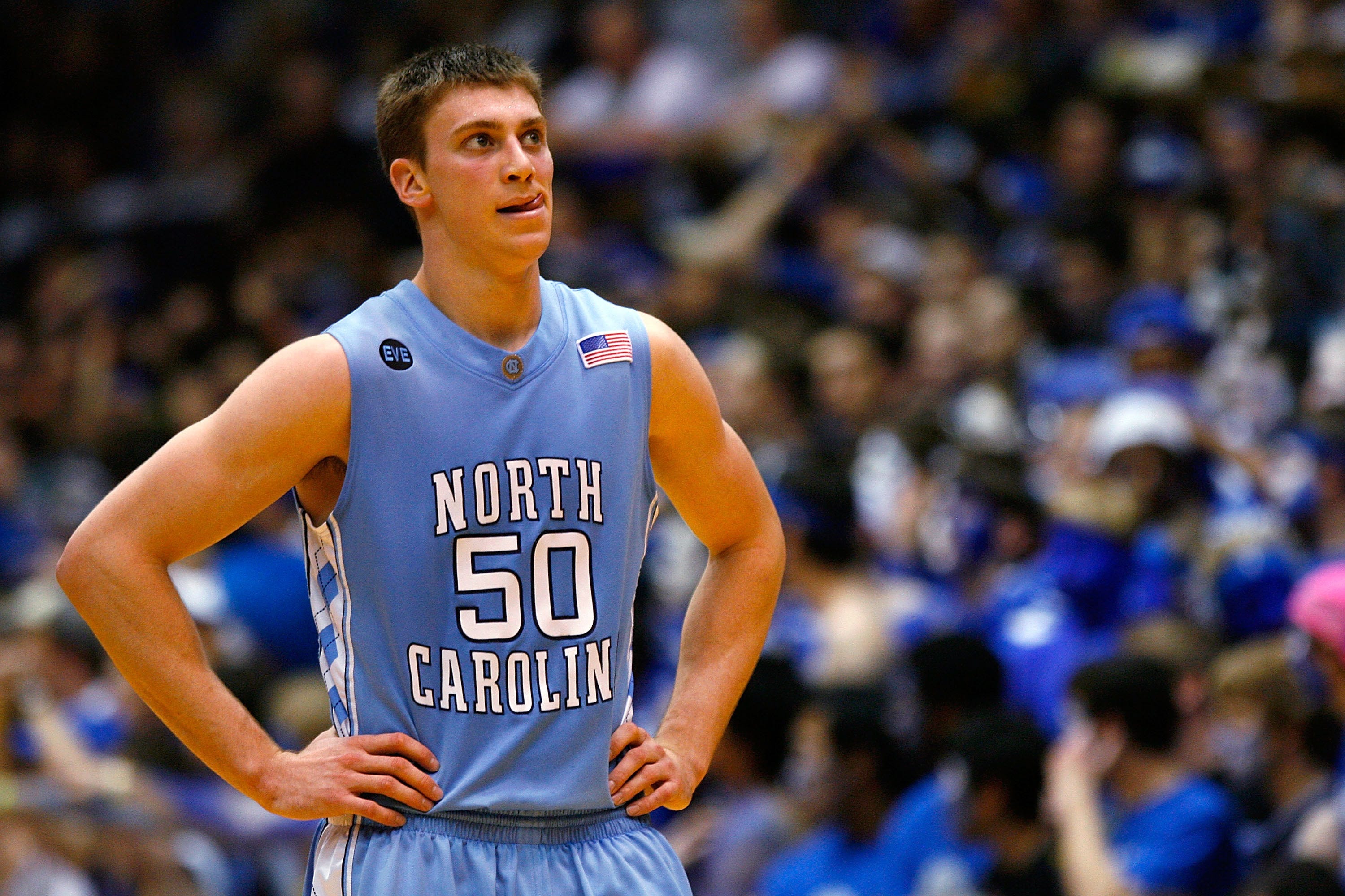 DURHAM, NC - MARCH 8: Tyler Hansbrough #50 of the North Carolina Tar Heels walks down the court during the second half against the Duke Blue Devils at Cameron Indoor Stadium March 8, 2008 in Durham, North Carolina. North Carolina defeated Duke 76-68. (Photo by Kevin C. Cox/Getty Images)