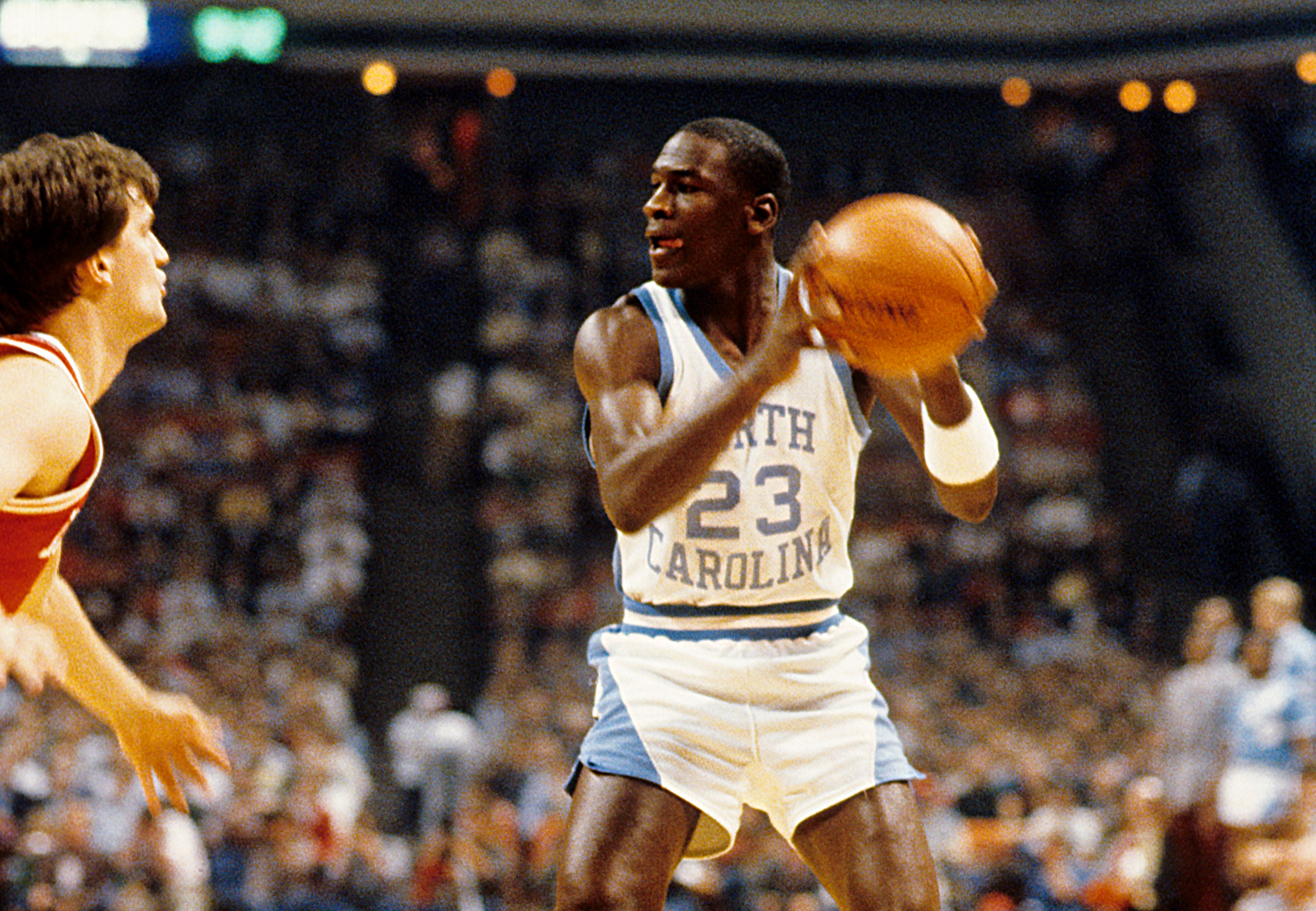Mar 22, 1984; Atlanta, GA, USA; FILE PHOTO; North Carolina Tar Heels guard Michael Jordan (23) in action against the Indiana Hoosiers during the 1984 NCAA regional semi finals at The Omni. The Hoosiers defeated the Tar Heels 72-68. Mandatory Credit: Malcolm Emmons-USA TODAY Sports