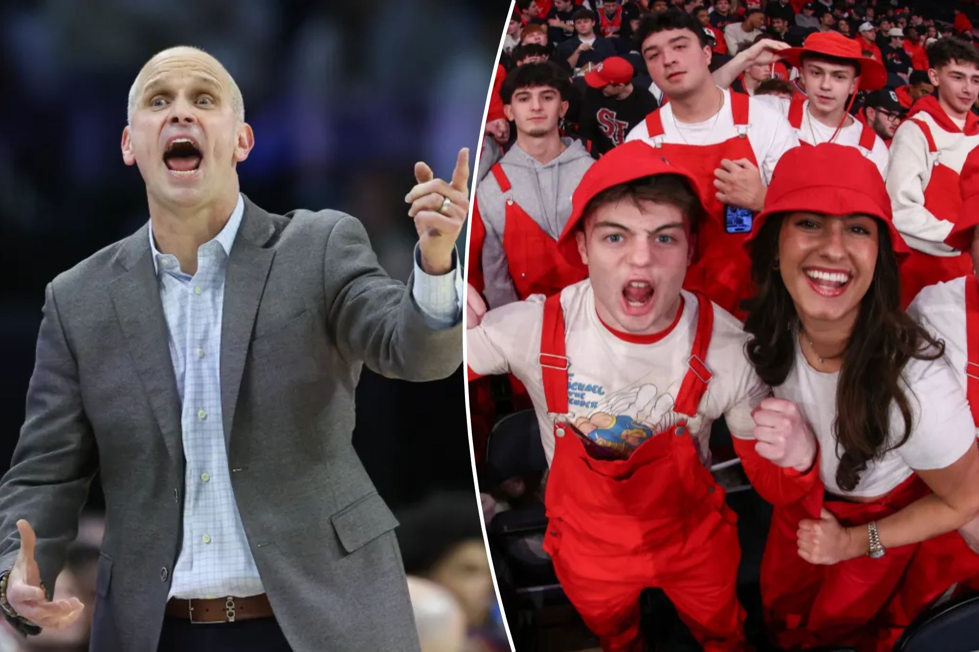 An image collage containing 2 images, Image 1 shows UConn Huskies head coach Dan Hurley reacts during a basketball game, Image 2 shows St. John's Red Storm fans cheering in the stands