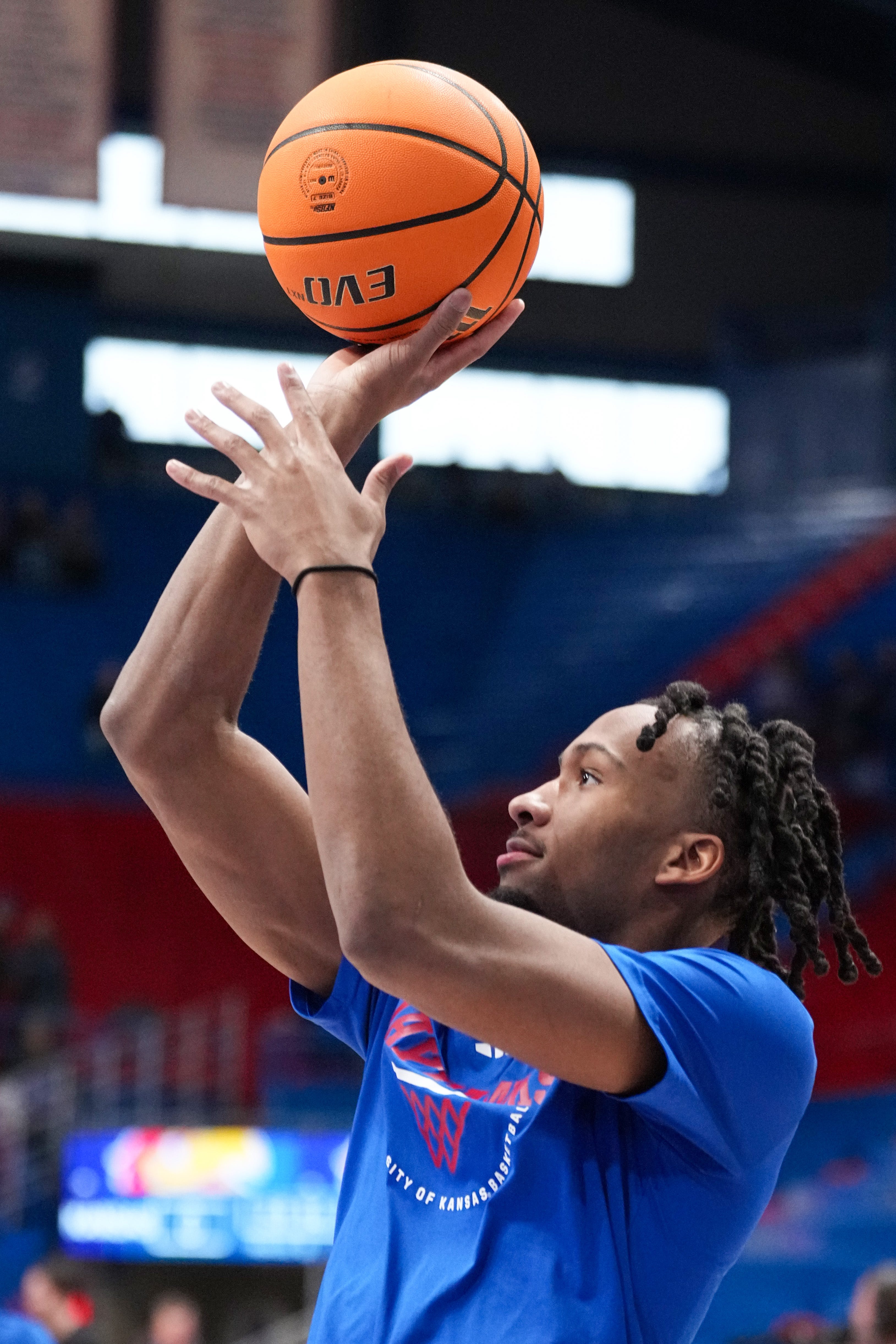Feb. 21, 2026; Lawrence, Kansas; Kansas basketball guard Darryn Peterson (22) warms up against Cincinnati prior to a game at Allen Fieldhouse.