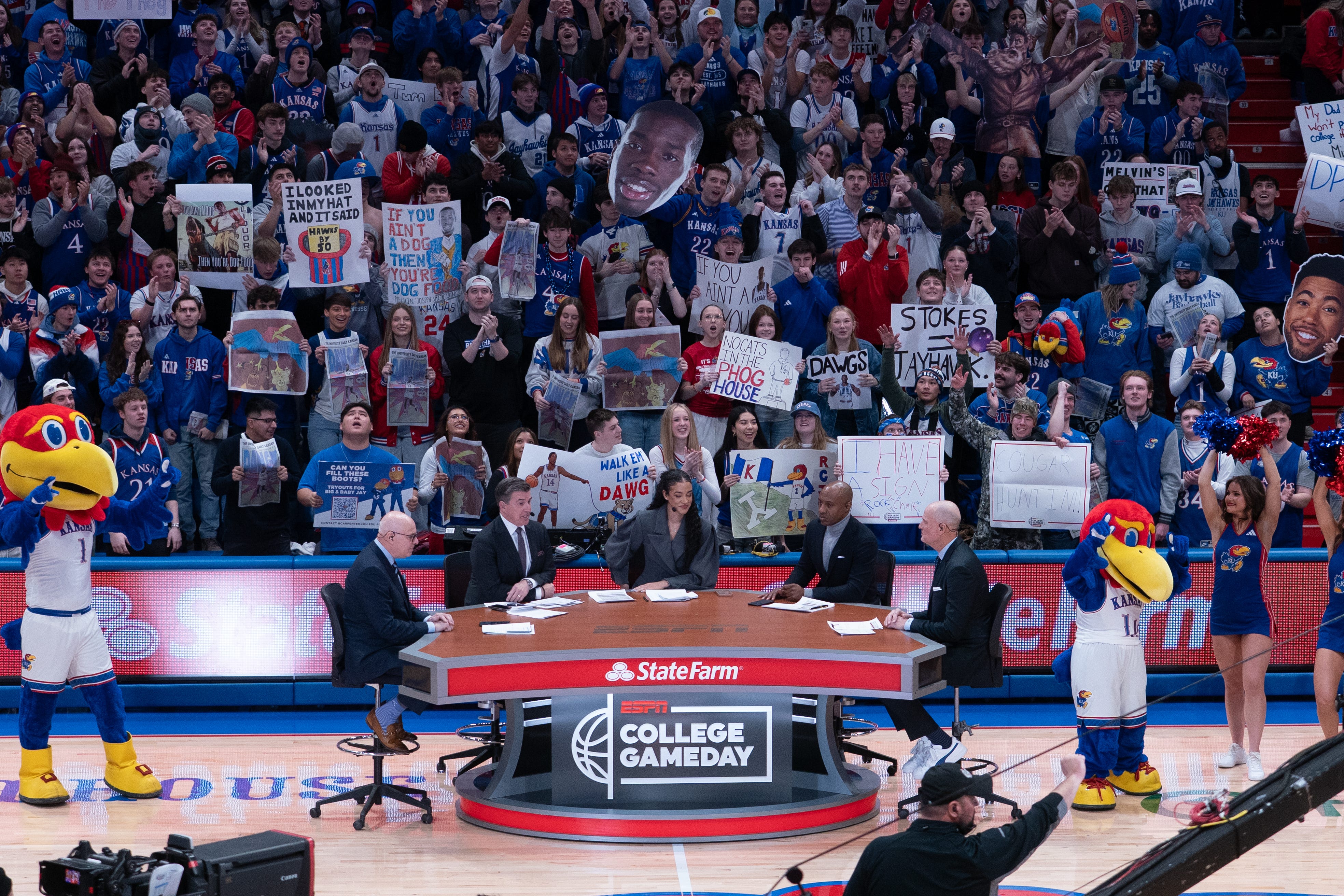 Analysts with ESPN's "College GameDay" show begin to talk inside Allen Fieldhouse on Jan. 31, 2026.
