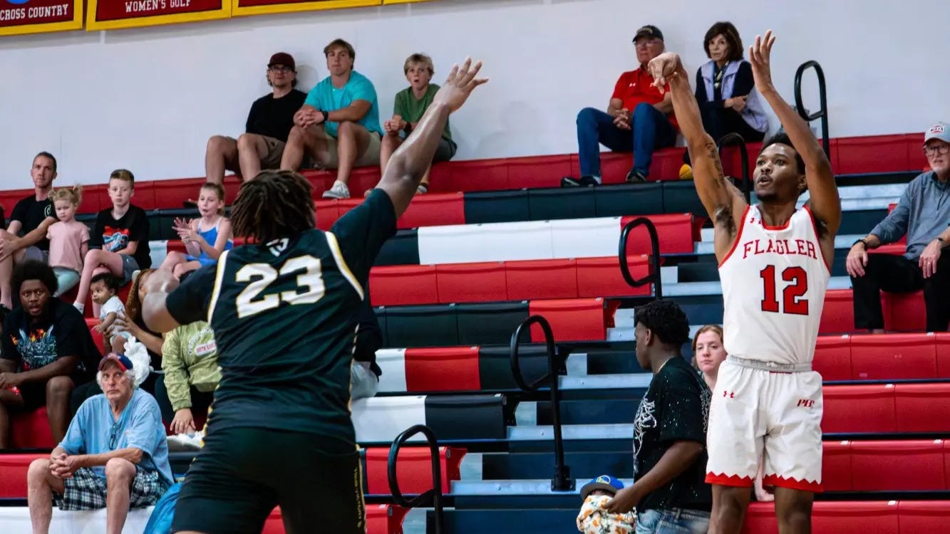 Rahdir Hicks of Flagler College (12), playing in a game earlier this season at Flagler Gym, hit the game-winning 3-point shot on Jan. 28 at Georgia Southwestern.