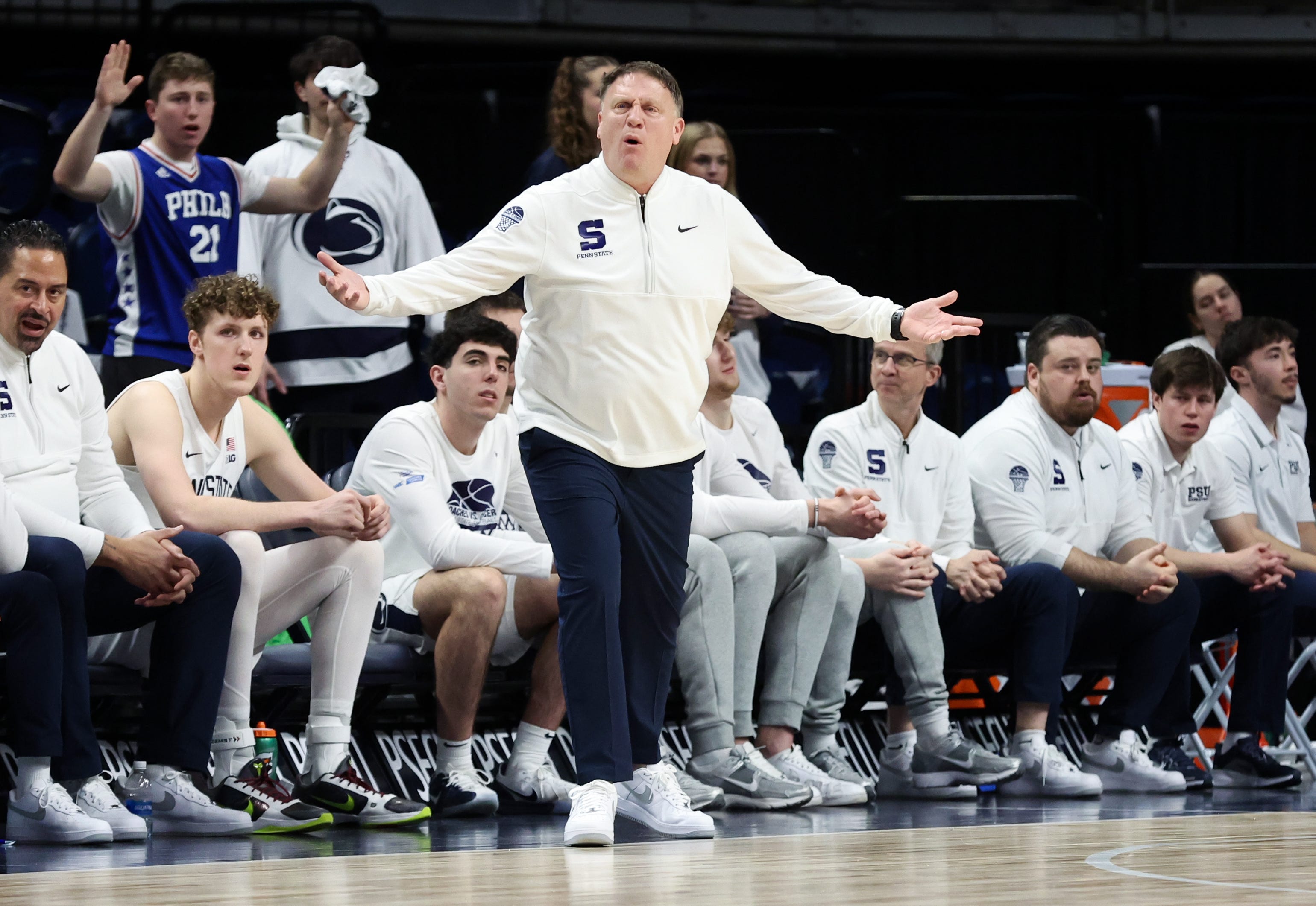 Feb 1, 2026; University Park, Pennsylvania, USA; Penn State Nittany Lions head coach Mike Rhoades reacts to a call from the bench during the first half against the Minnesota Golden Gophers at Bryce Jordan Center. Mandatory Credit: Matthew O'Haren-Imagn Images