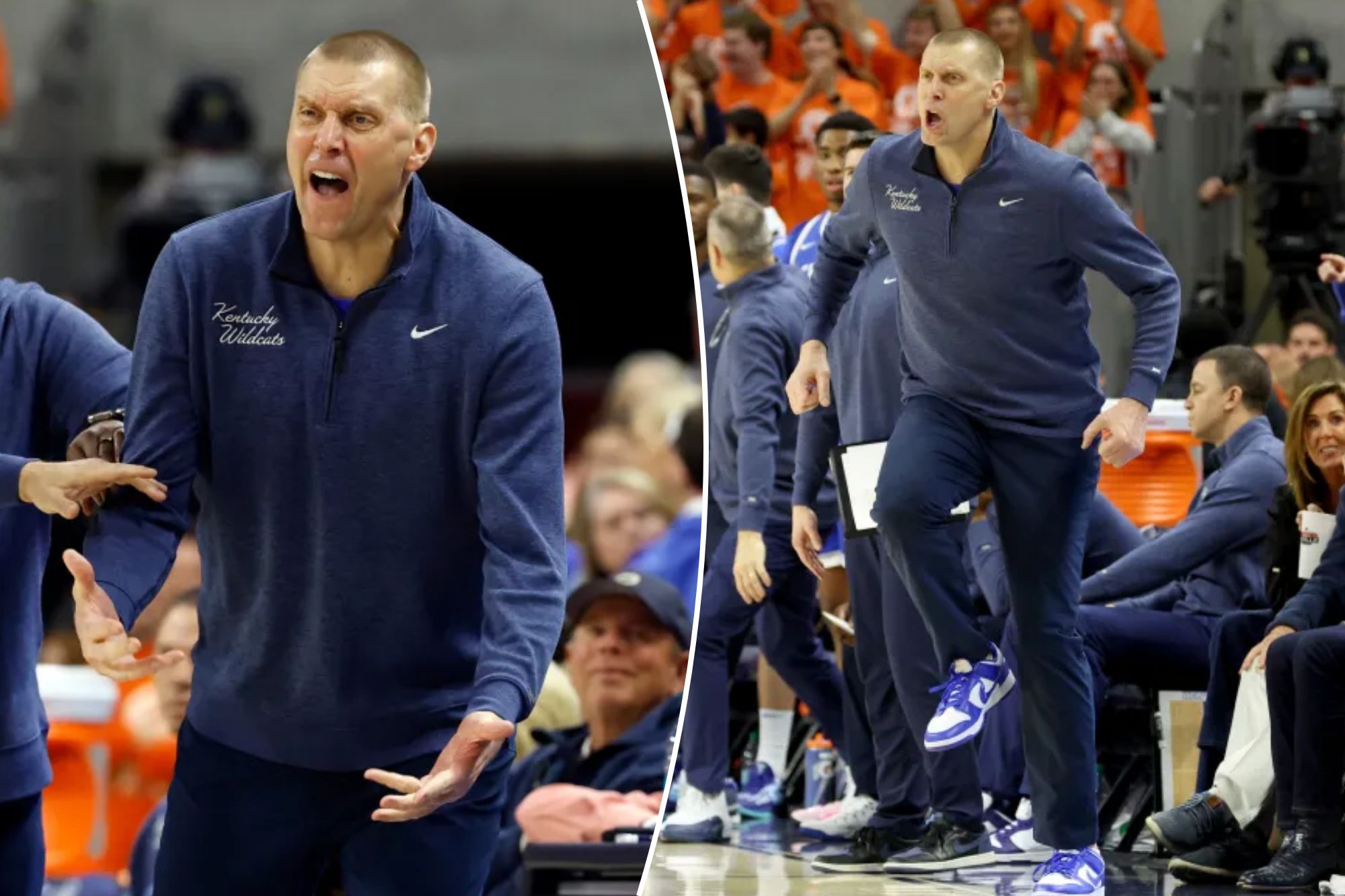 An image collage containing 2 images, Image 1 shows Kentucky head coach Mark Pope reacting to a call during a basketball game, Image 2 shows Kentucky Wildcats head coach Mark Pope reacting to a foul call during a game against the Auburn Tigers