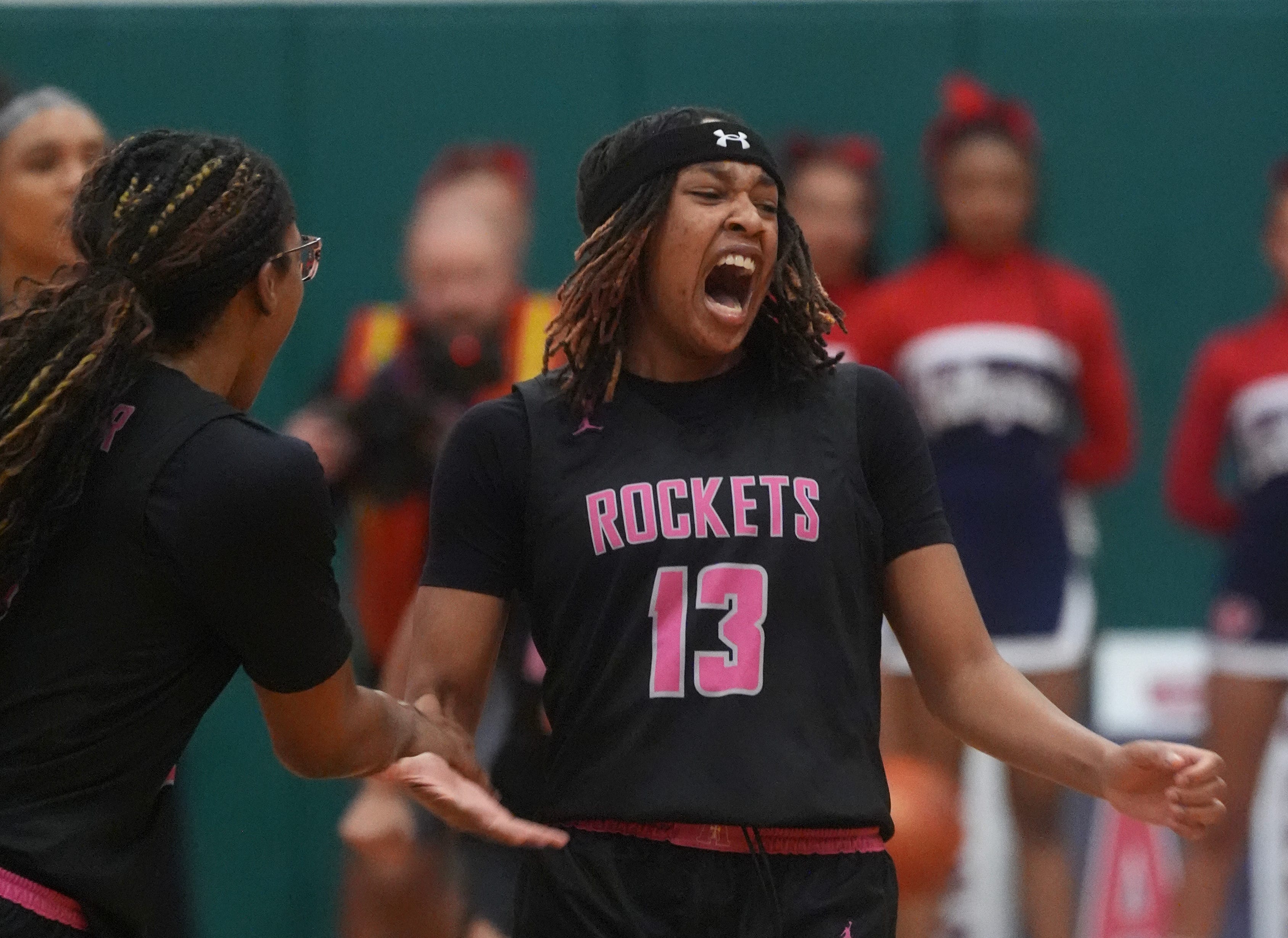 Assumption’s Ashlinn James celebrates making a basket against Sacred Heart at St. X High School Sunday night.
Jan. 18, 2026