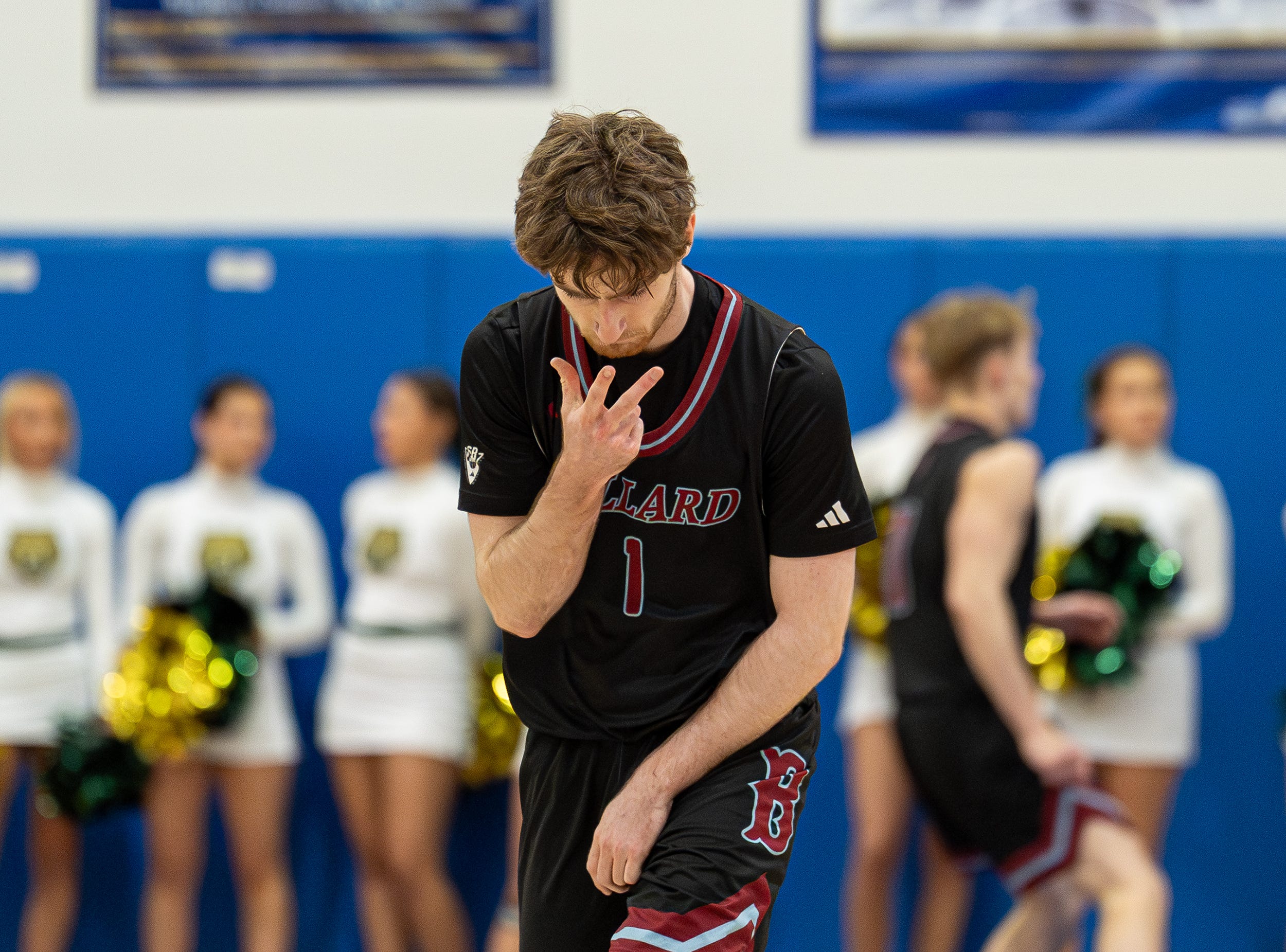 Ballard's Cole Edelen (1) gestures after sinking a three point basket during the second-round game between the Ballard Bruins and the St. Xavier Tigers in the 2025 Louisville Invitational Tournament at Valley High School on Wednesday, January 14, 2026.