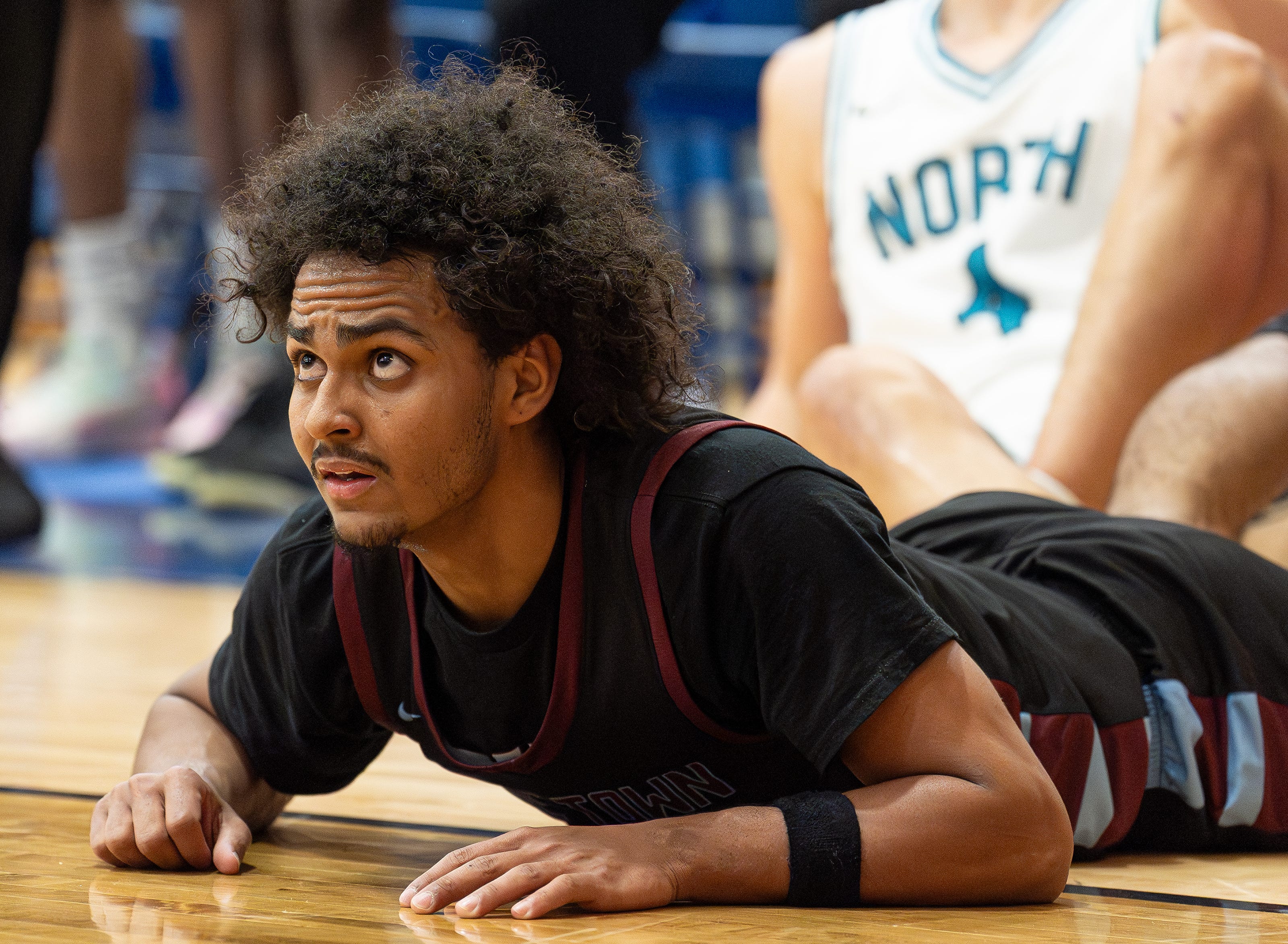 Jeffersontown's Dayvone Harrison (1) watches his shot after being fouled during the second-round game between the Jeffersontown Chargers and the North Oldham Mustangs in the 2025 Louisville Invitational Tournament at Valley High School on Wednesday, January 14, 2026.