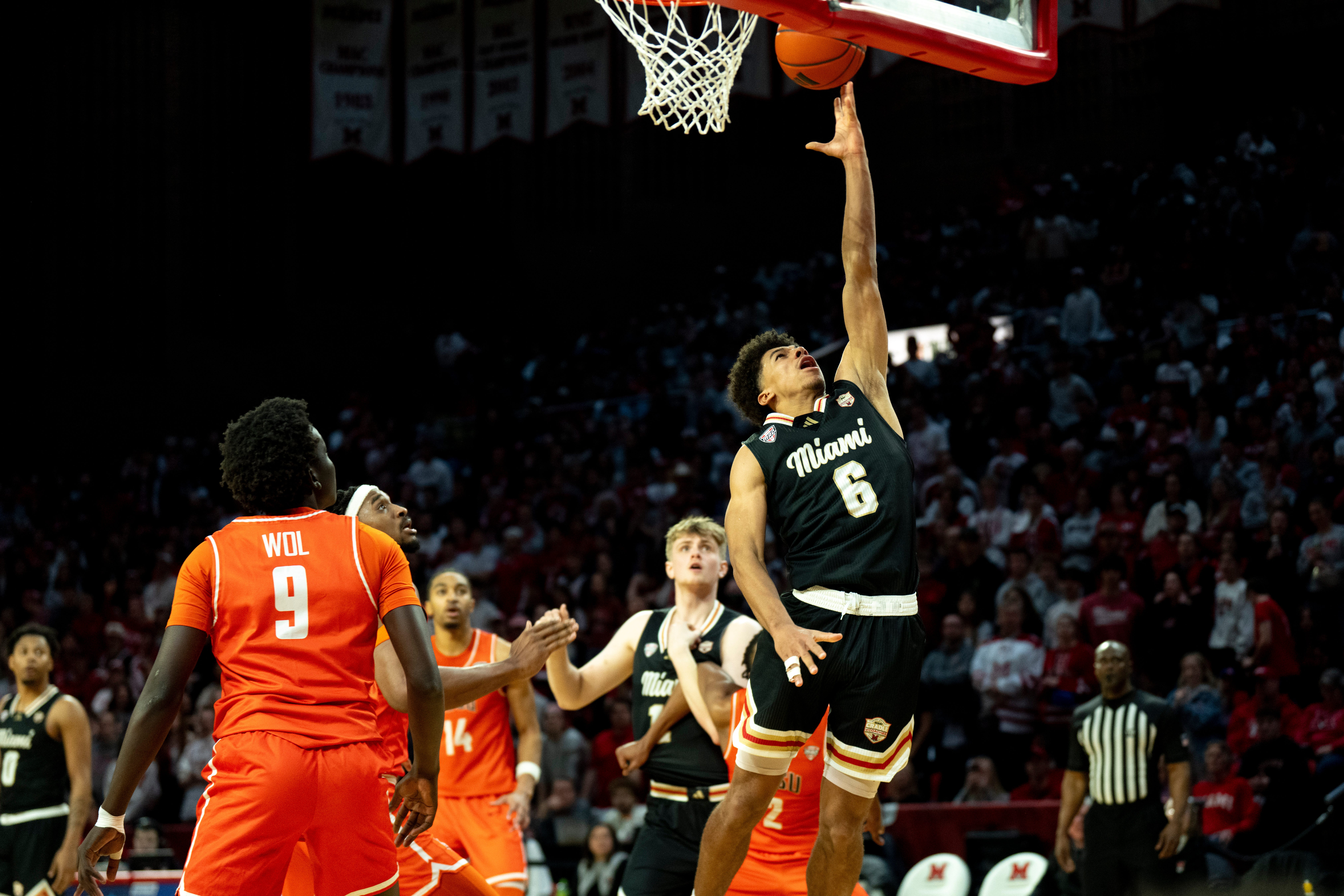 Miami RedHawks guard Justin Kirby (6) hits a layup in the second half of the NCAA game on Feb. 20, 2026 at Millett Hall in Oxford, Ohio.