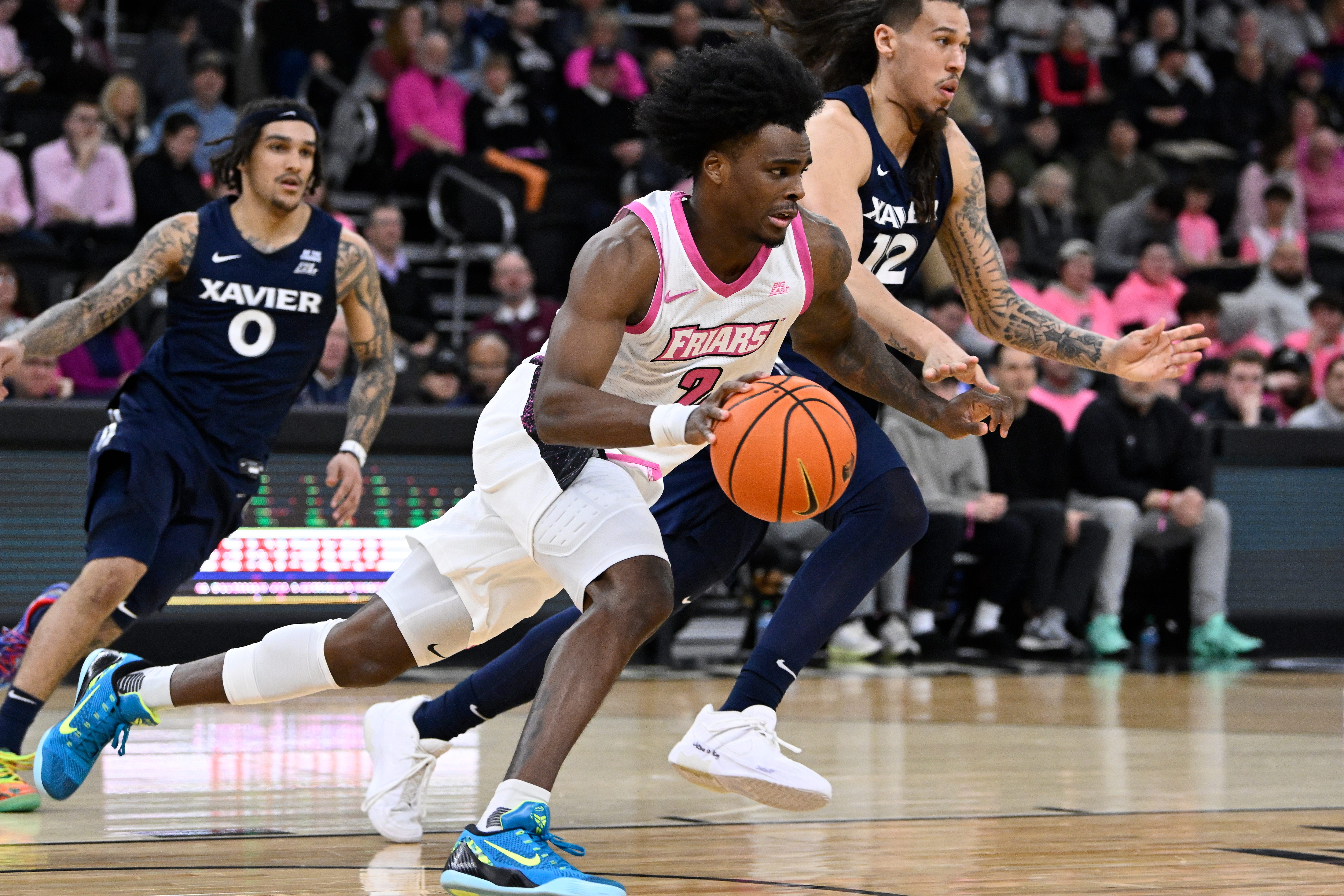 Feb 25, 2026; Providence, Rhode Island, USA; Providence Friars guard Jaylin Sellers (2) races to the basket with the ball during the second half against the Xavier Musketeers at Amica Mutual Pavilion. Mandatory Credit: Eric Canha-Imagn Images
