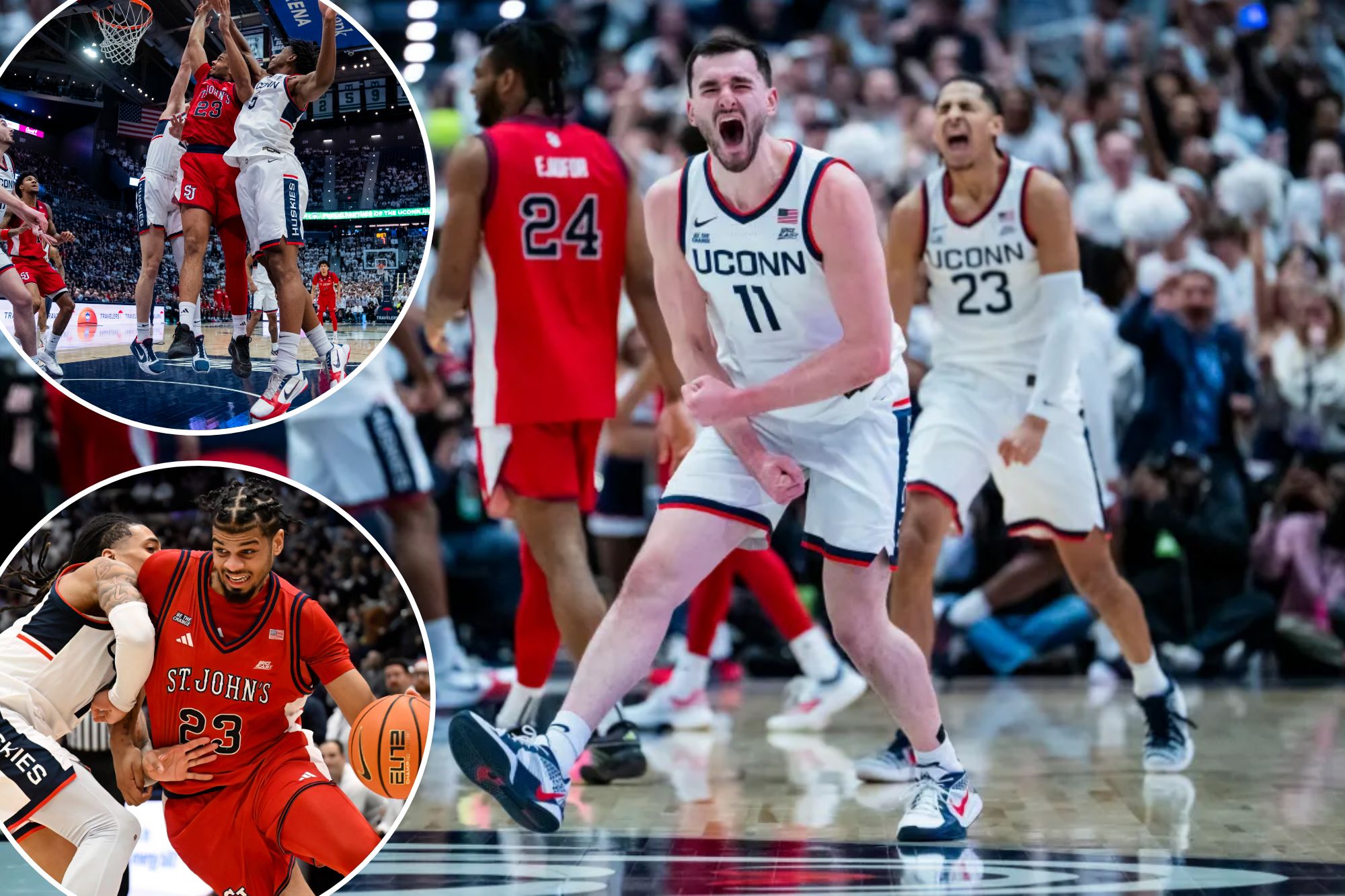 An image collage containing 3 images, Image 1 shows UConn basketball players Alex Karaban and Jayden Ross react during a game, Image 2 shows St. John's player Bryce Hopkins (23) drives to the basket contested by Connecticut's Tarris Reed Jr. (5), Image 3 shows St. John's forward Bryce Hopkins (23) is guarded by UConn guard Solo Ball in a college basketball game