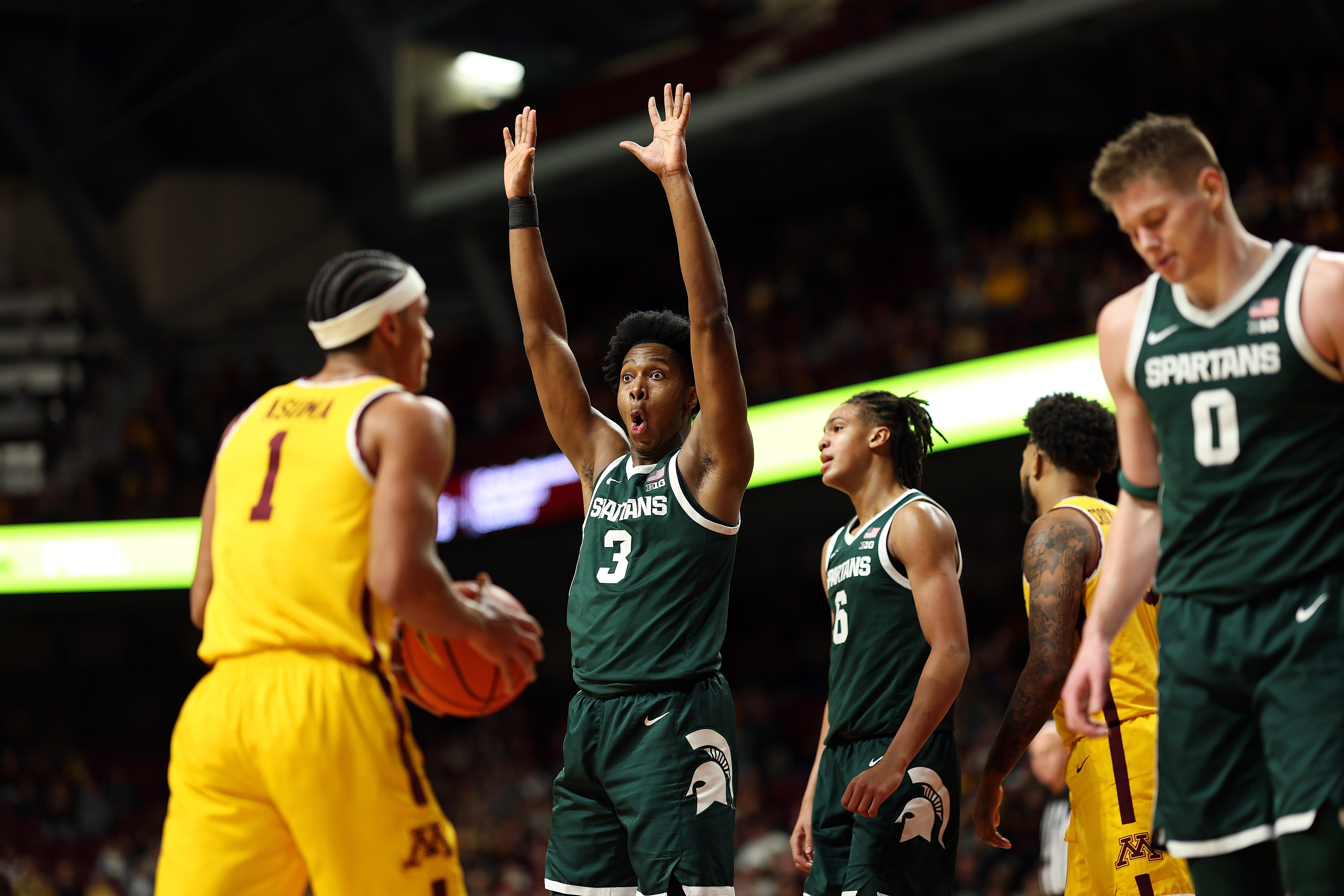 MINNEAPOLIS, MINNESOTA - FEBRUARY 04: Cameron Ward #3 of the Michigan State Spartans reacts to his foul against the Minnesota Golden Gophers in the first half at Williams Arena on February 04, 2026 in Minneapolis, Minnesota. (Photo by David Berding/Getty Images)