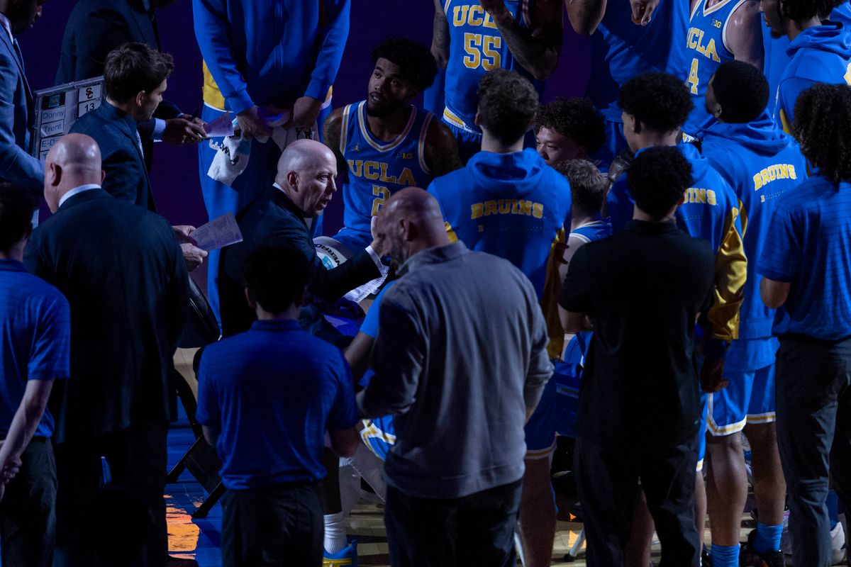 Head coach Mick Cronin of the UCLA Bruins talks in the huddle during an NCAA basketball game against the USC Trojans, Tuesday February 24, 2026 in Los Angeles, Calif. Head coach Mick Cronin of the UCLA Bruins talks in the huddle during an NCAA basketball game against the USC Trojans, Tuesday February 24, 2026 in Los Angeles, Calif.