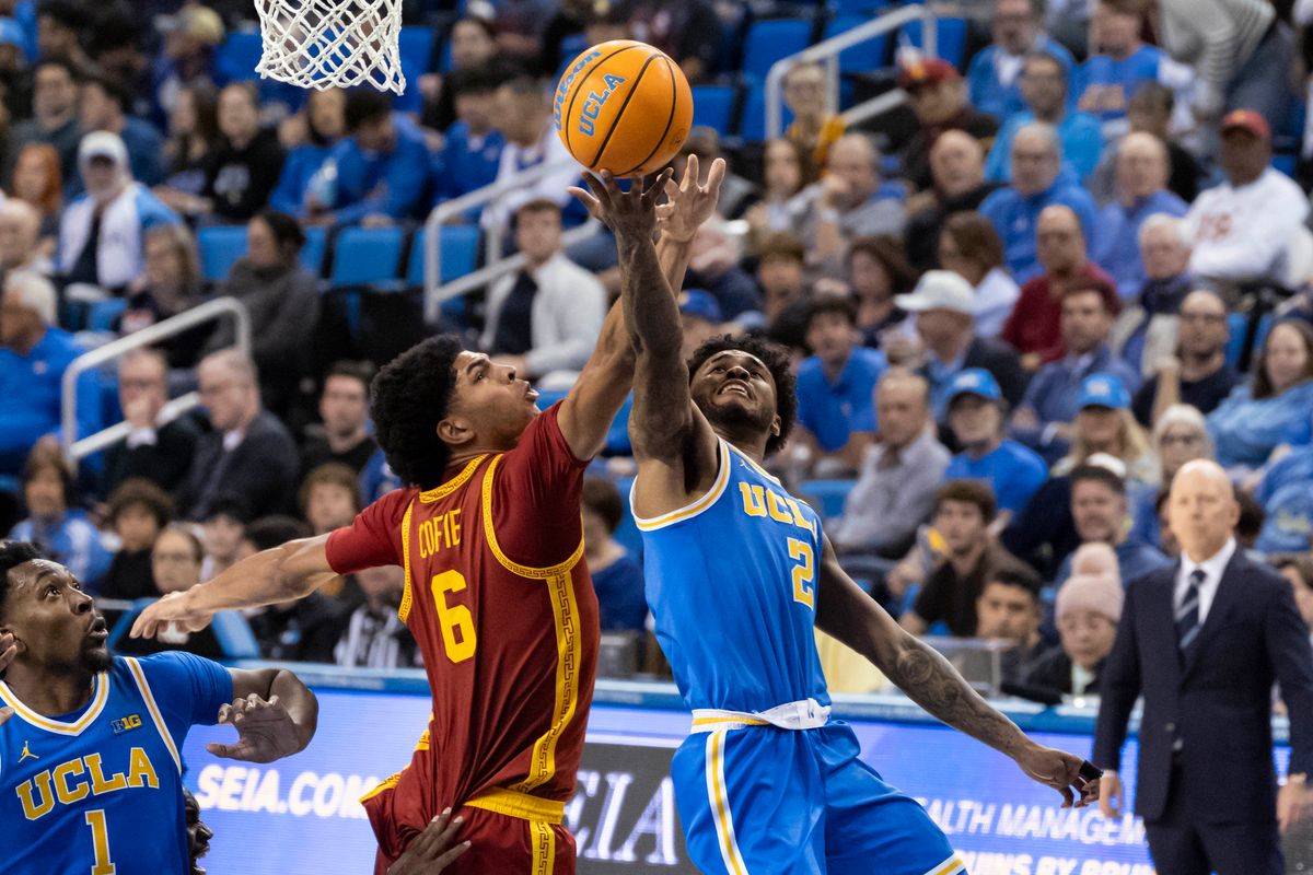 Donovan Dent #2 of the UCLA Bruins lays the ball up during an NCAA basketball game against the USC Trojans, Tuesday February 24, 2026 in Los Angeles, Calif. Donovan Dent #2 of the UCLA Bruins lays the ball up during an NCAA basketball game against the USC Trojans, Tuesday February 24, 2026 in Los Angeles, Calif.