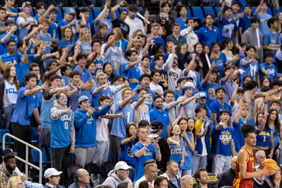 UCLA students chant airball at Chad Baker-Mazara #4 of the USC Trojans as he tries to inbound the ball during an NCAA basketball game between the UCLA Bruins and the USC Trojans, Tuesday February 24, 2026 in Los Angeles, Calif. UCLA students chant airball at Chad Baker-Mazara #4 of the USC Trojans as he tries to inbound the ball during an NCAA basketball game between the UCLA Bruins and the USC Trojans, Tuesday February 24, 2026 in Los Angeles, Calif.
