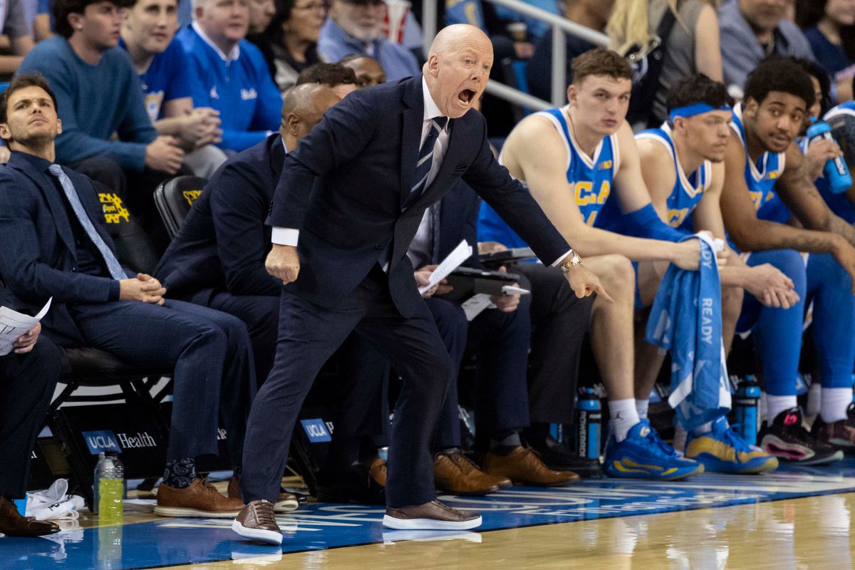 Head coach Mick Cronin of the UCLA Bruins points to his team on the sideline during an NCAA basketball game against the USC Trojans, Tuesday February 24, 2026 in Los Angeles, Calif. Head coach Mick Cronin of the UCLA Bruins points to his team on the sideline during an NCAA basketball game against the USC Trojans, Tuesday February 24, 2026 in Los Angeles, Calif.