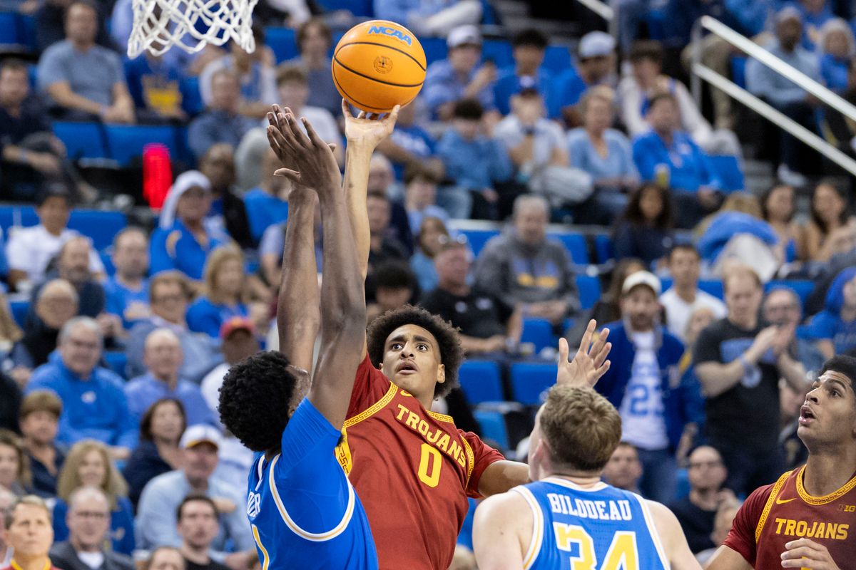 Alijah Arenas #0 of the USC Trojans shoots the ball during an NCAA basketball game against the UCLA Bruins, Tuesday February 24, 2026 in Los Angeles, Calif. Alijah Arenas #0 of the USC Trojans shoots the ball during an NCAA basketball game against the UCLA Bruins, Tuesday February 24, 2026 in Los Angeles, Calif.