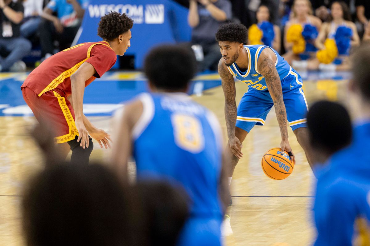 Donovan Dent #2 of the UCLA Bruins handles the ball during an NCAA basketball game against the USC Trojans, Tuesday February 24, 2026 in Los Angeles, Calif. Donovan Dent #2 of the UCLA Bruins handles the ball during an NCAA basketball game against the USC Trojans, Tuesday February 24, 2026 in Los Angeles, Calif.