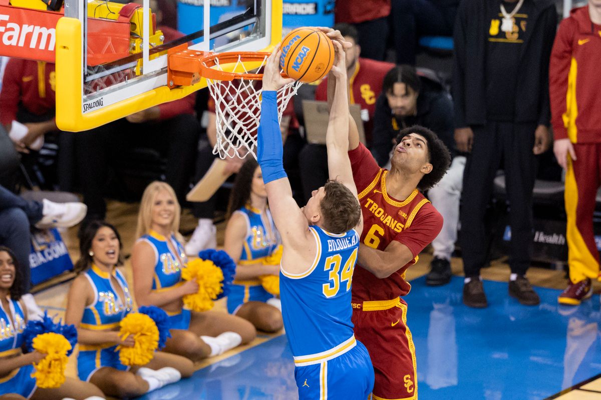 Jacob Cofie #6 of the USC Trojans blocks the dunk by Tyler Bilodeau #34 of the UCLA Bruins during an NCAA basketball game, Tuesday February 24, 2026 in Los Angeles, Calif. Jacob Cofie #6 of the USC Trojans blocks the dunk by Tyler Bilodeau #34 of the UCLA Bruins during an NCAA basketball game, Tuesday February 24, 2026 in Los Angeles, Calif.