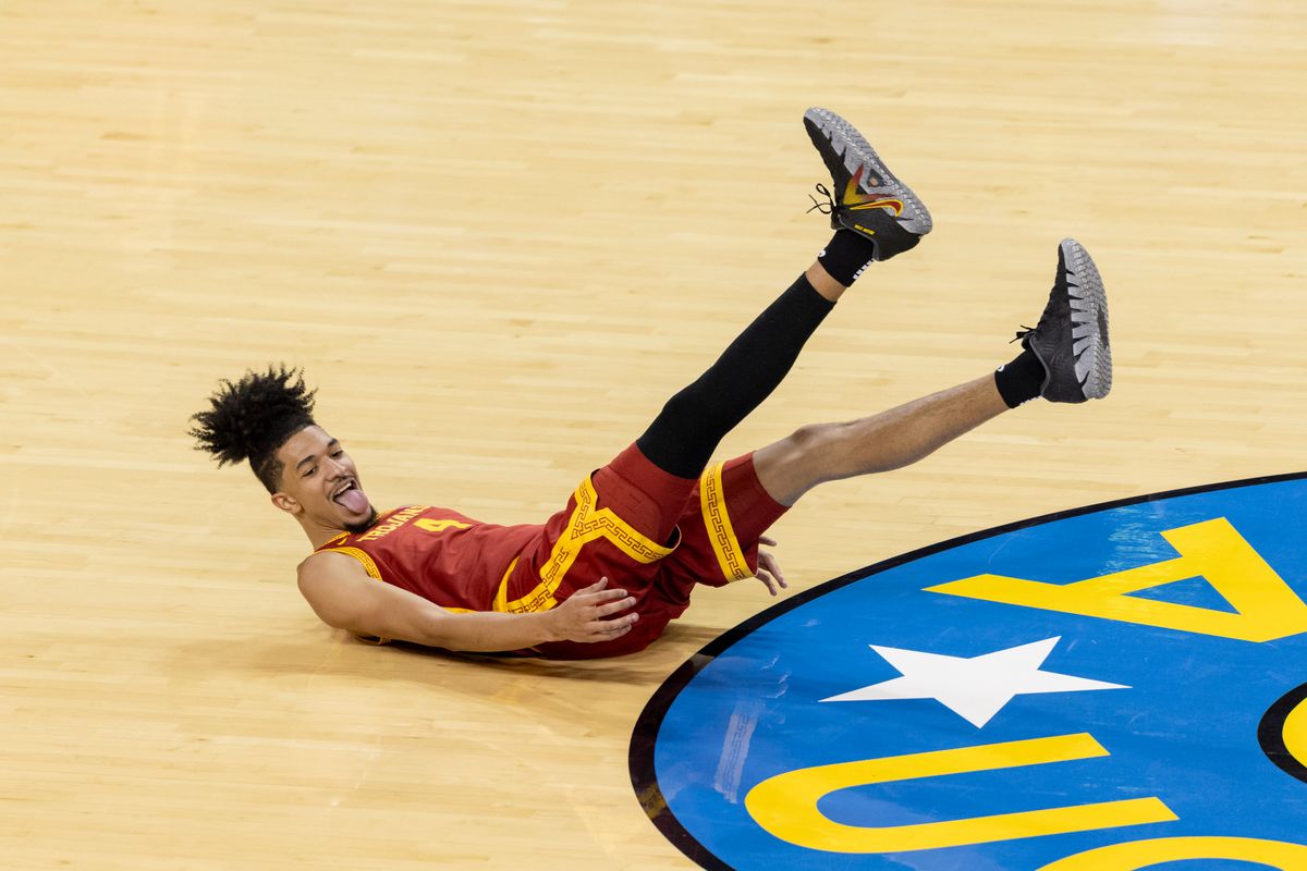 Chad Baker-Mazara #4 of the USC Trojans celebrates a made three point shot during an NCAA basketball game against the UCLA Bruins, Tuesday February 24, 2026 in Los Angeles, Calif. Chad Baker-Mazara #4 of the USC Trojans celebrates a made three point shot during an NCAA basketball game against the UCLA Bruins, Tuesday February 24, 2026 in Los Angeles, Calif.