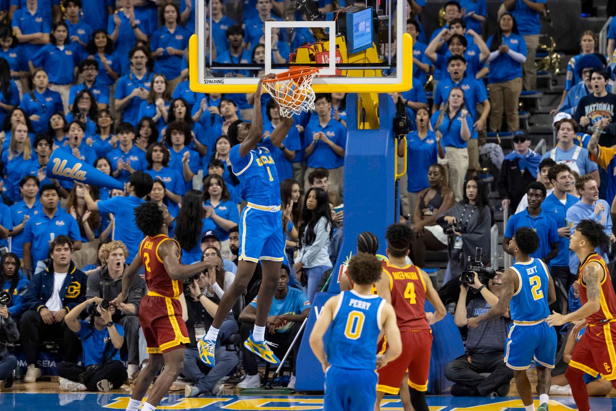 Xavier Booker #1 of the UCLA Bruins dunks the ball during an NCAA basketball game against the USC Trojans, Tuesday February 24, 2026 in Los Angeles, Calif. Xavier Booker #1 of the UCLA Bruins dunks the ball during an NCAA basketball game against the USC Trojans, Tuesday February 24, 2026 in Los Angeles, Calif.