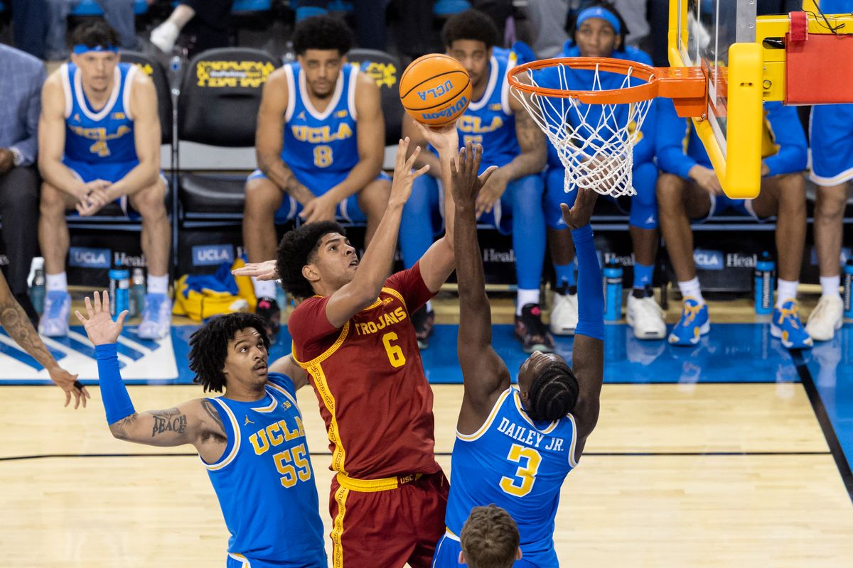 Jacob Cofie #6 of the USC Trojans lays the ball up during an NCAA basketball game against the UCLA Bruins, Tuesday February 24, 2026 in Los Angeles, Calif. Jacob Cofie #6 of the USC Trojans lays the ball up during an NCAA basketball game against the UCLA Bruins, Tuesday February 24, 2026 in Los Angeles, Calif.