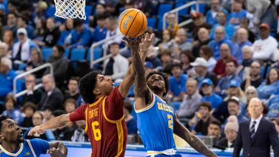 Donovan Dent #2 of the UCLA Bruins lays the ball up during an NCAA basketball game against the USC Trojans, Tuesday February 24, 2026 in Los Angeles, Calif.