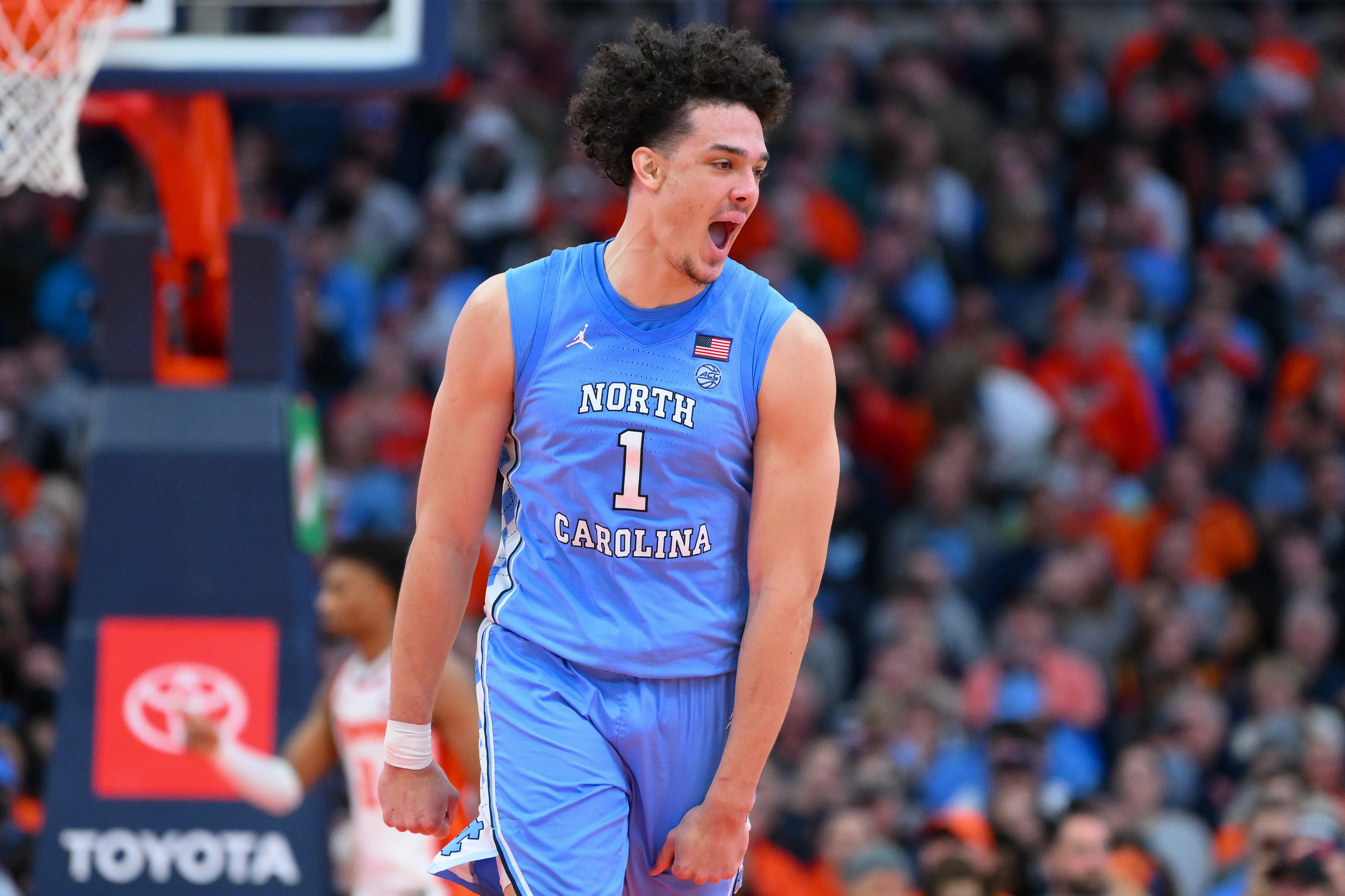Feb 21, 2026; Syracuse, New York, USA; North Carolina Tar Heels forward Zayden High (1) reacts during the second half against the Syracuse Orange at the JMA Wireless Dome. Mandatory Credit: Rich Barnes-Imagn Images