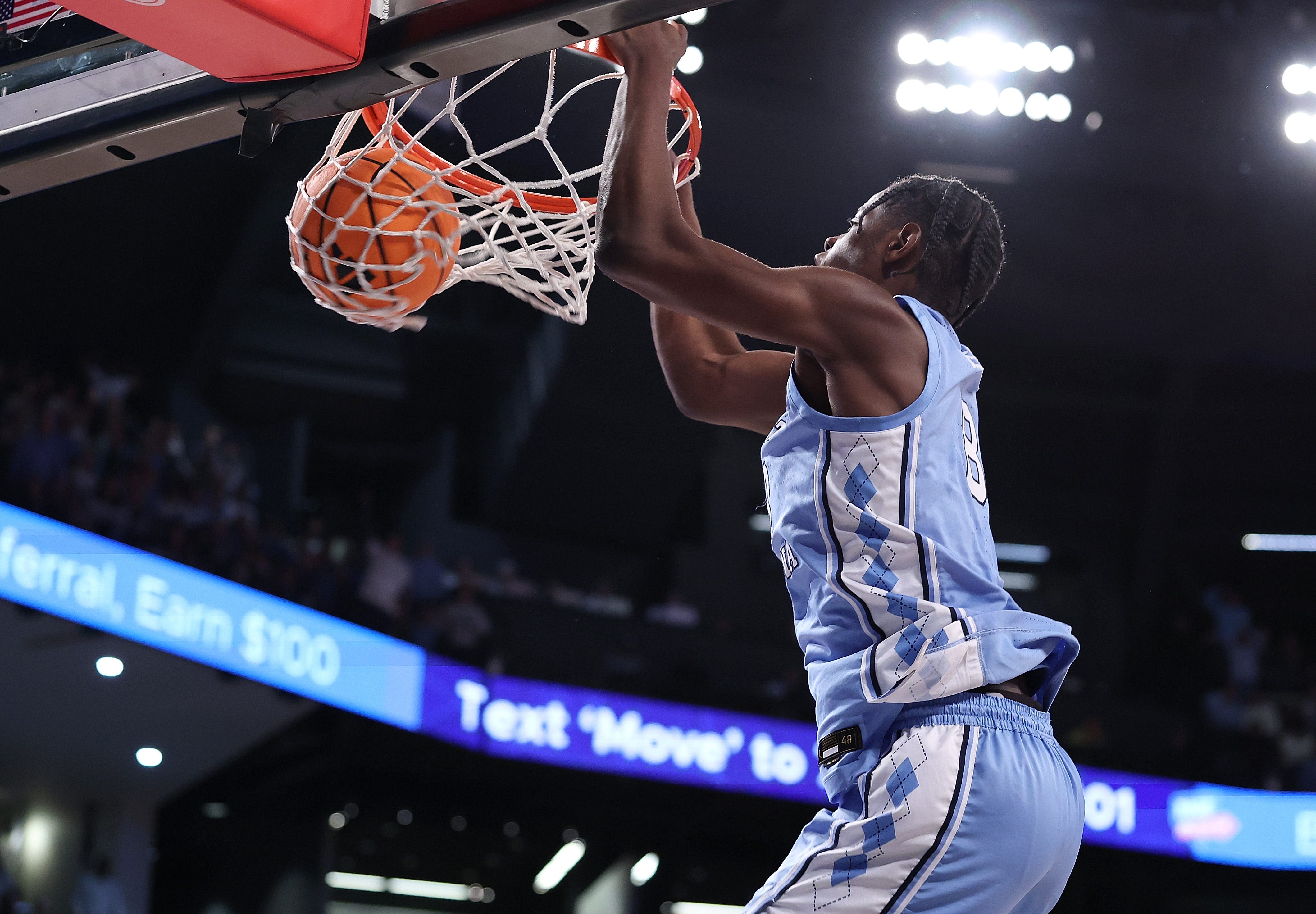 ATLANTA, GEORGIA - JANUARY 31: Caleb Wilson #8 of the North Carolina Tar Heels dunks against the Georgia Tech Yellow Jackets during the first half at Hank McCamish Pavilion on January 31, 2026 in Atlanta, Georgia. (Photo by Kevin C. Cox/Getty Images)
