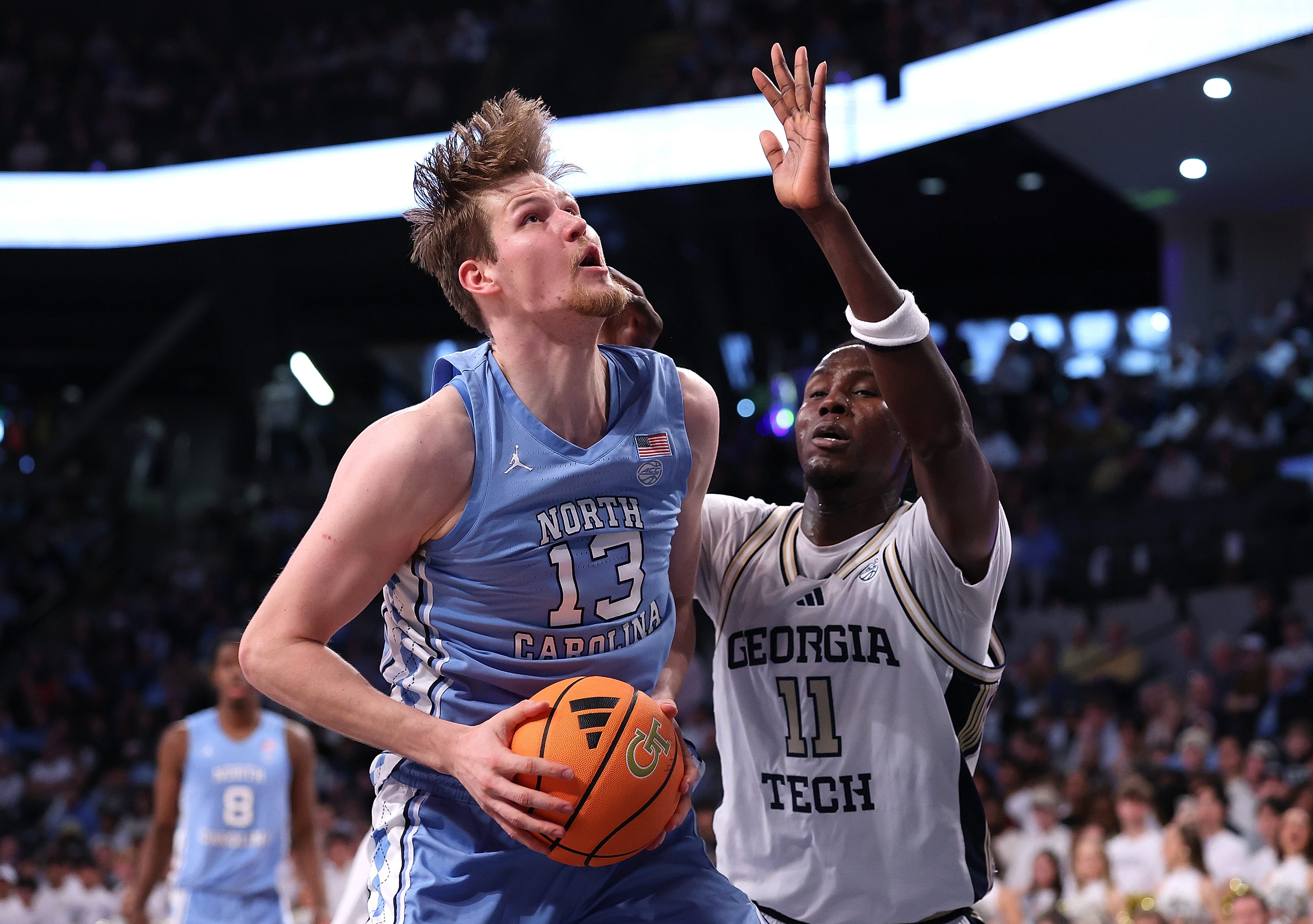 ATLANTA, GEORGIA - JANUARY 31: Henri Veesaar #13 of the North Carolina Tar Heels attacks the basket against Baye Ndongo #11 of the Georgia Tech Yellow Jackets during the second half at Hank McCamish Pavilion on January 31, 2026 in Atlanta, Georgia. (Photo by Kevin C. Cox/Getty Images)