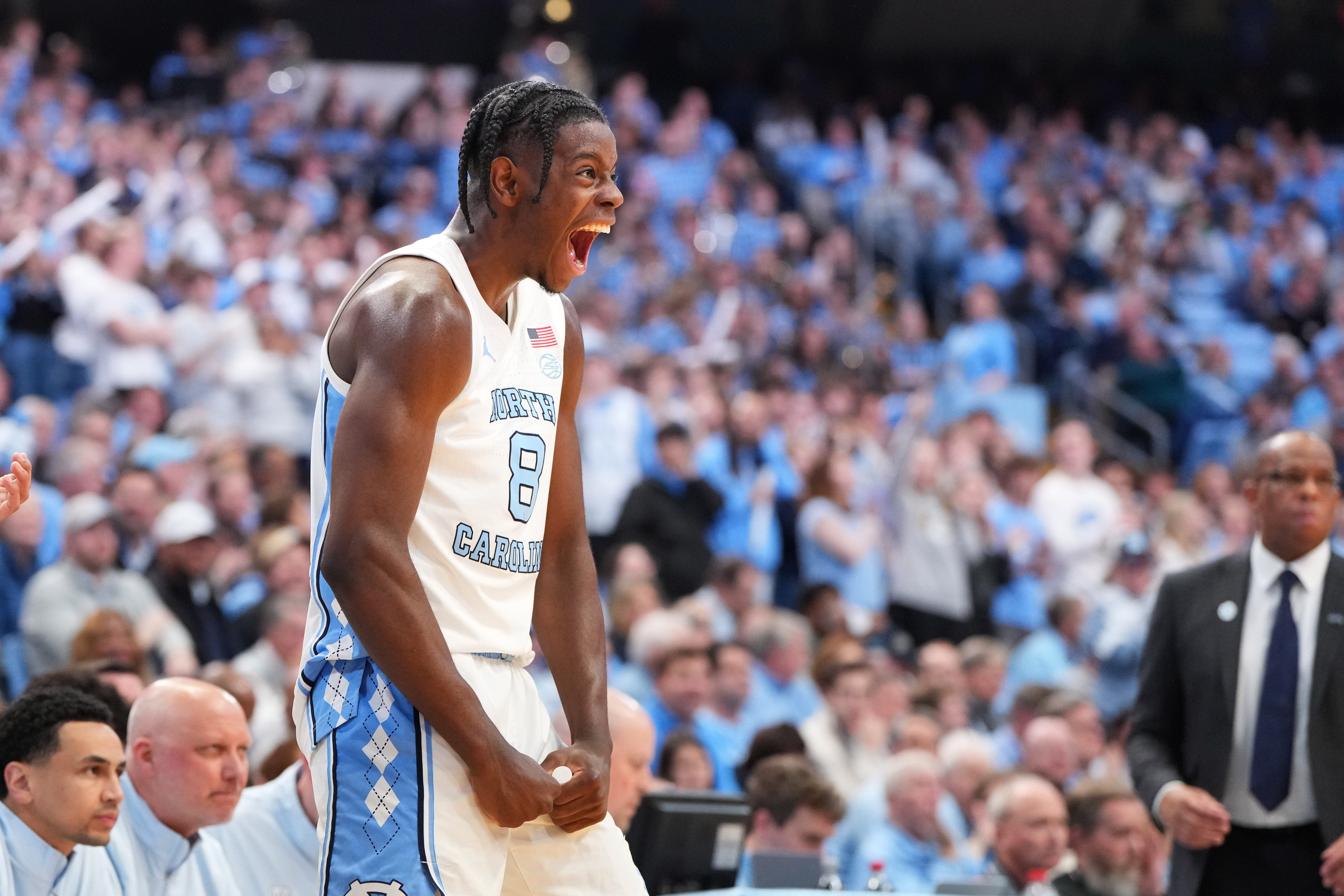 Jan 21, 2026; Chapel Hill, North Carolina, USA; North Carolina Tar Heels forward Caleb Wilson (8) reacts in the second half at Dean E. Smith Center. Mandatory Credit: Bob Donnan-Imagn Images