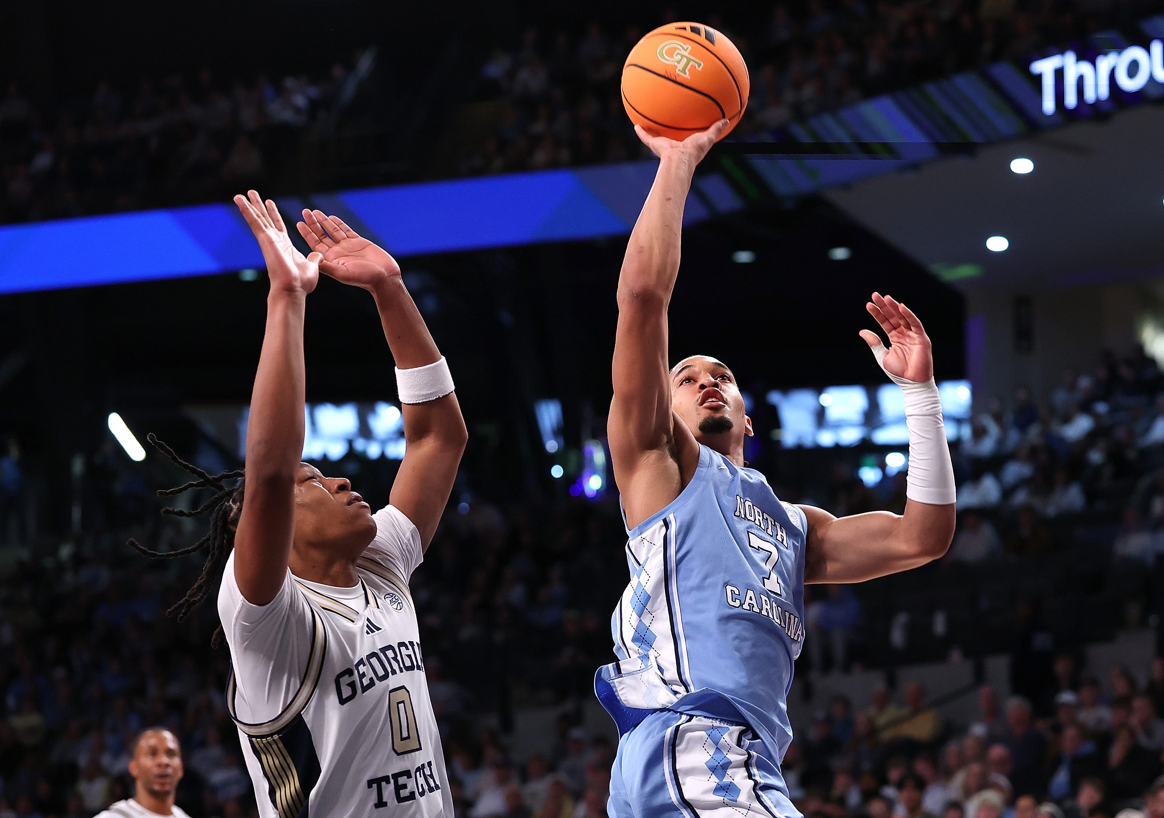 ATLANTA, GEORGIA - JANUARY 31: Seth Trimble #7 of the North Carolina Tar Heels attempts a shot against Akai Fleming #0 of the Georgia Tech Yellow Jackets during the second half at Hank McCamish Pavilion on January 31, 2026 in Atlanta, Georgia. (Photo by Kevin C. Cox/Getty Images)