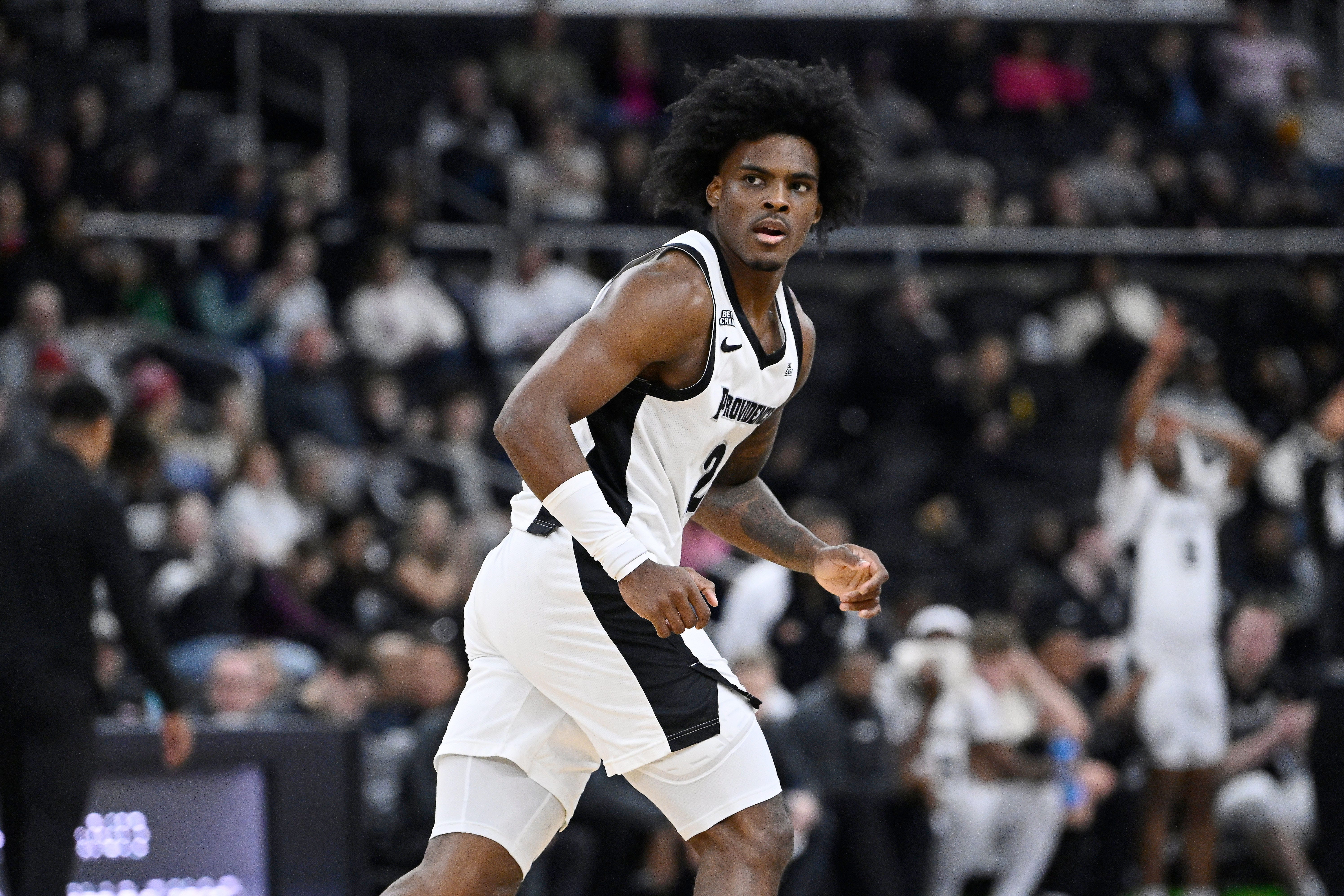 Feb 4, 2026; Providence, Rhode Island, USA; Providence Friars guard Jaylin Sellers (2) looks back after shooting the ball against the Butler Bulldogs during the first half at Amica Mutual Pavilion. Mandatory Credit: Eric Canha-Imagn Images