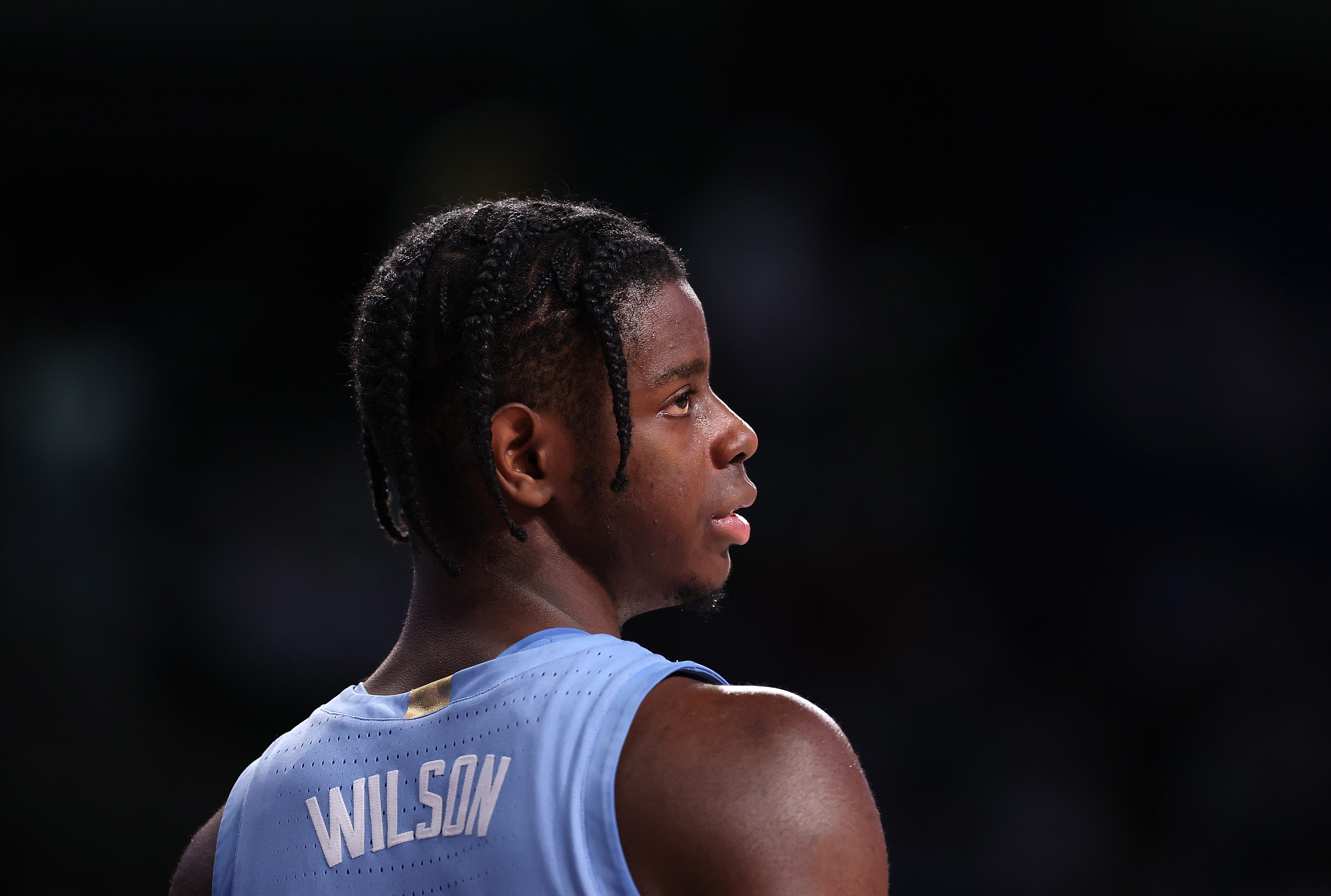 ATLANTA, GEORGIA - JANUARY 31: Caleb Wilson #8 of the North Carolina Tar Heels looks on against the Georgia Tech Yellow Jackets during the second half at Hank McCamish Pavilion on January 31, 2026 in Atlanta, Georgia. (Photo by Kevin C. Cox/Getty Images)