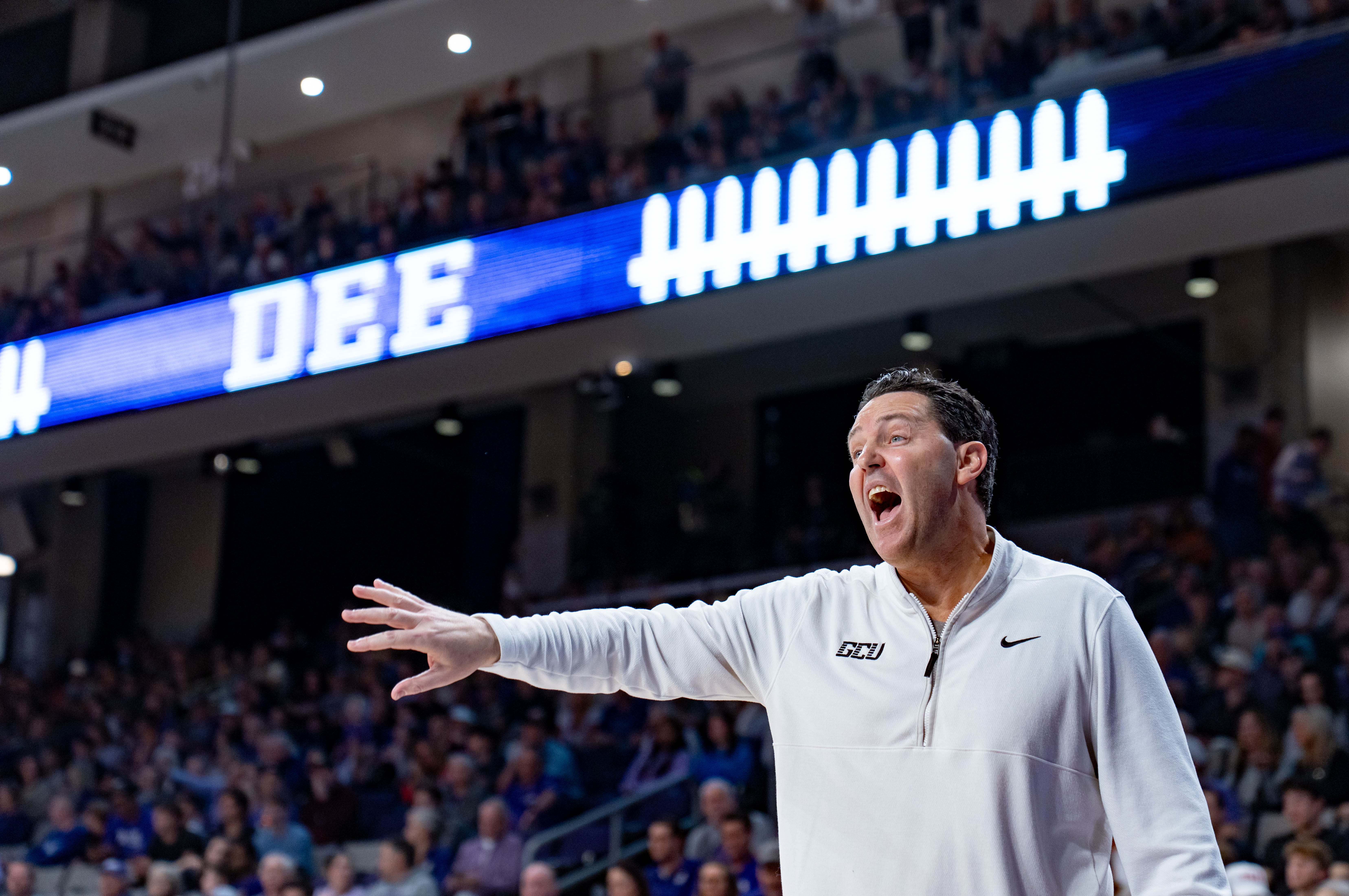 GCU Lopes head coach Bryce Drew yells from the sidelines during a game against the Utah State Aggies at Global Credit Union Arena in Phoenix, on Jan. 17, 2026.