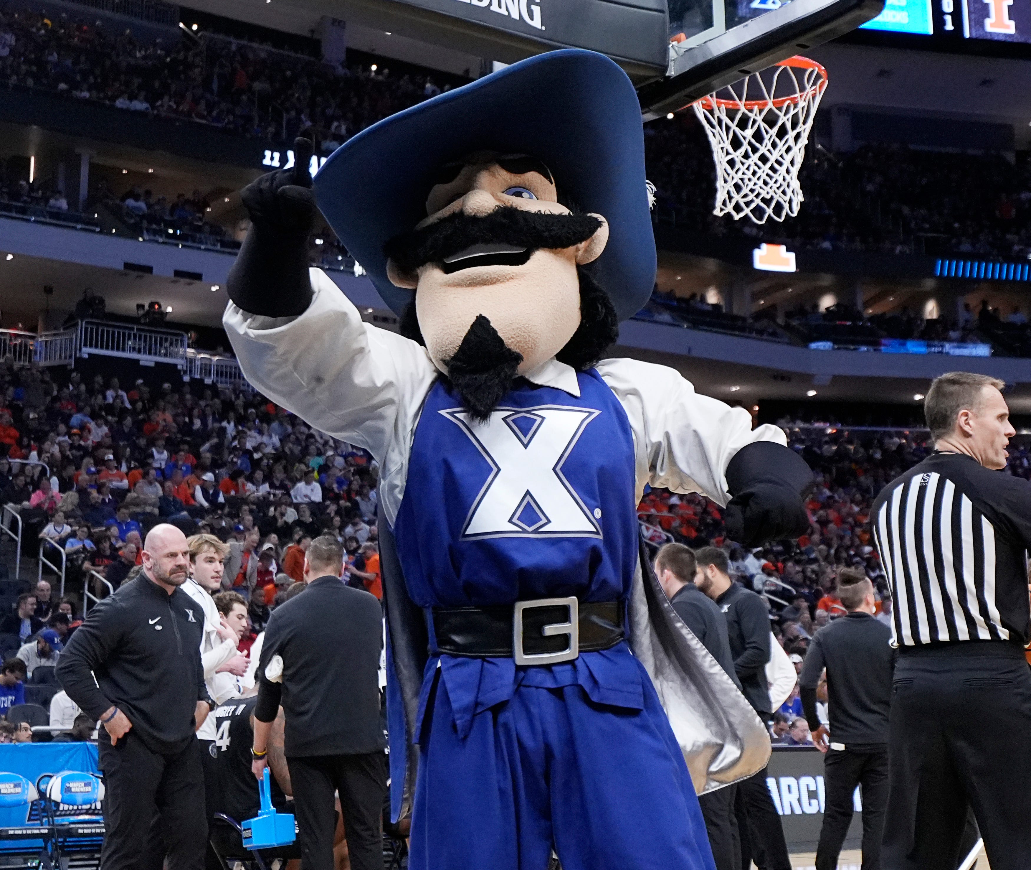 Xavier University mascot D'Artagnan the Musketeer is seen during the first half of their first round NCAA men’ s basketball tournament game against Illinois on Friday March 21, 2025 at Fiserv Forum in Milwaukee, Wis.