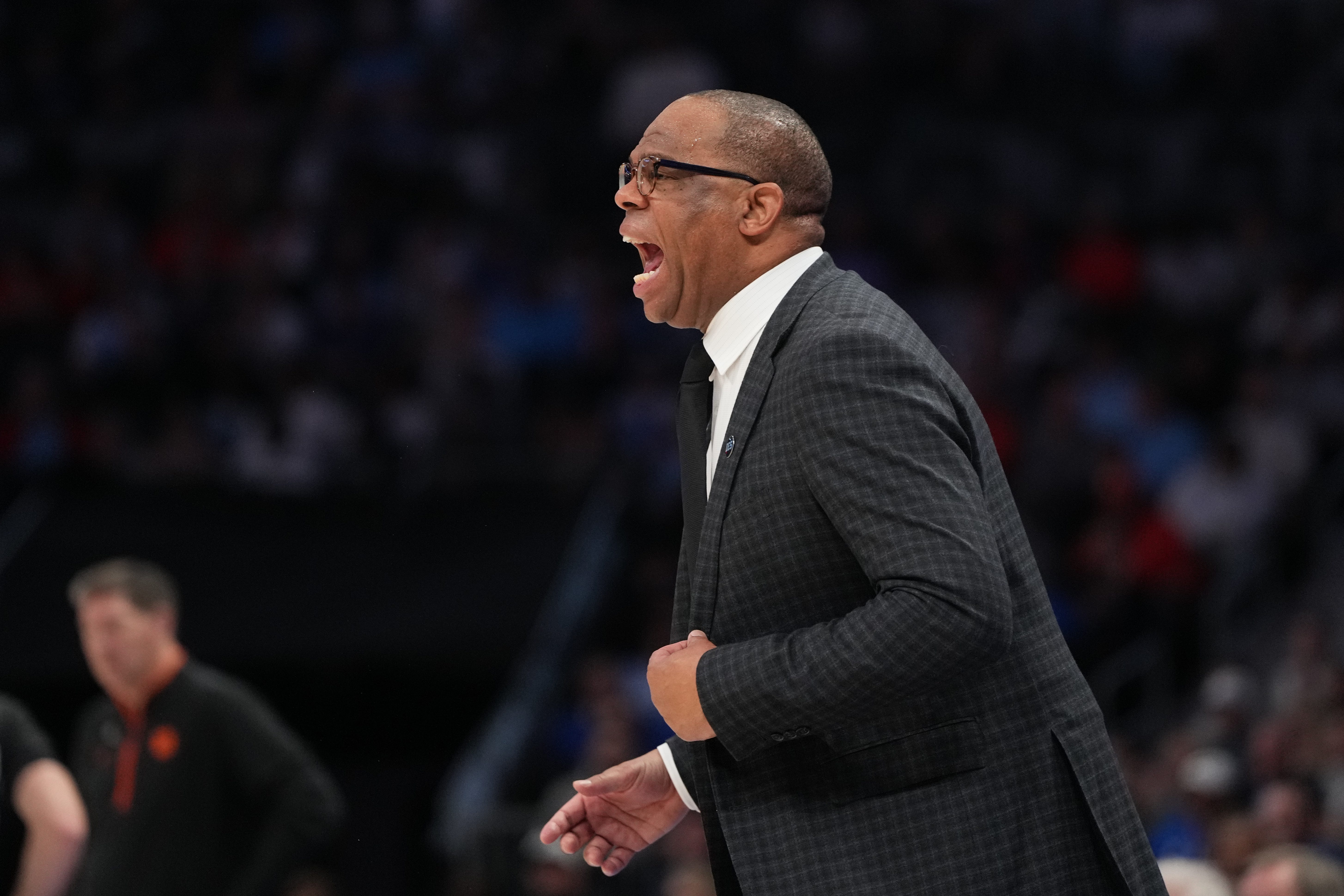 Mar 12, 2026; Charlotte, NC, USA; North Carolina Tar Heels head coach Hubert Davis reacts in the first half at Spectrum Center. Mandatory Credit: Bob Donnan-Imagn Images