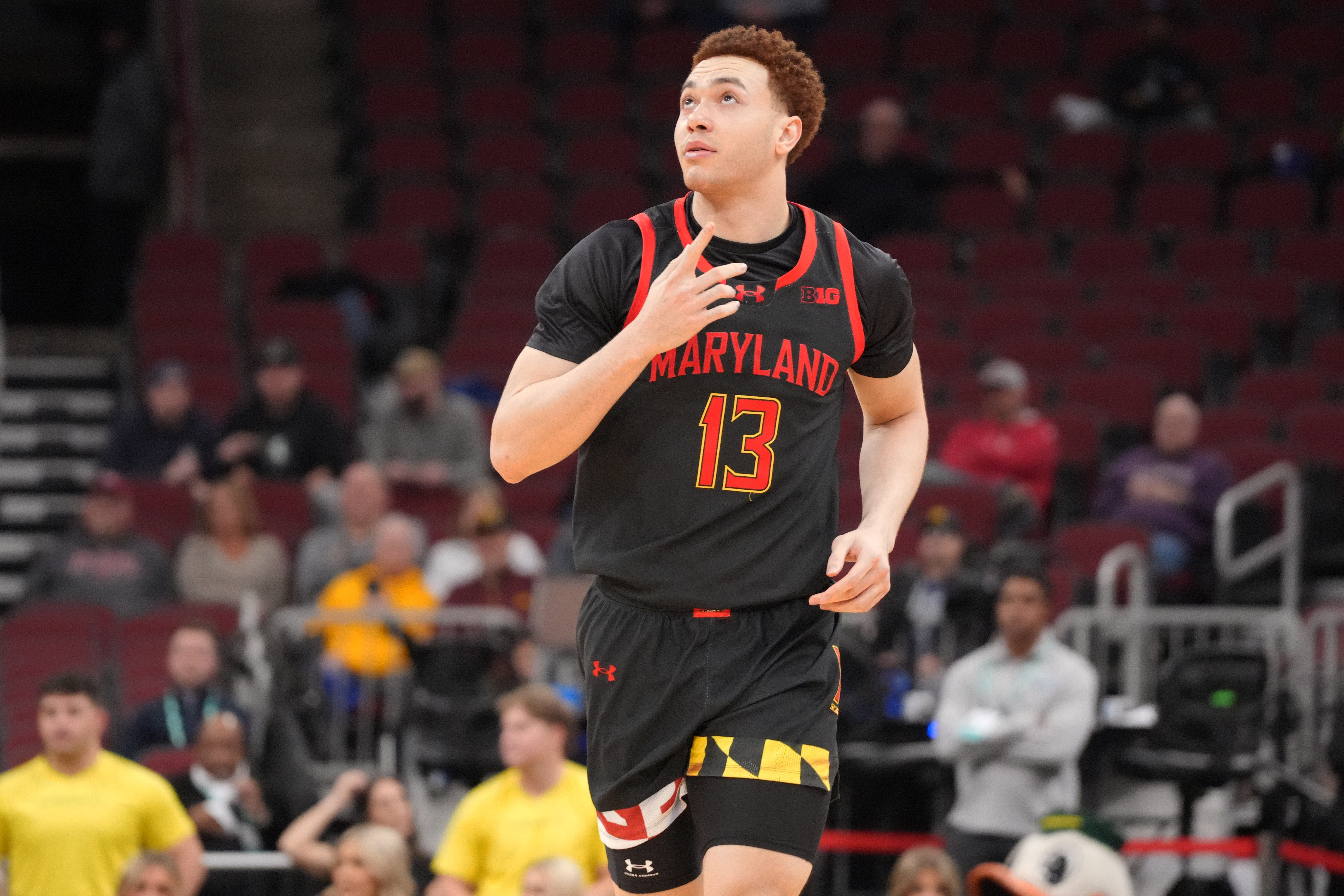 Mar 10, 2026; Chicago, IL, USA; Maryland Terrapins forward Elijah Saunders (13) gestures after making a three point basket against the Oregon Ducks during the first half at United Center. Mandatory Credit: David Banks-Imagn Images