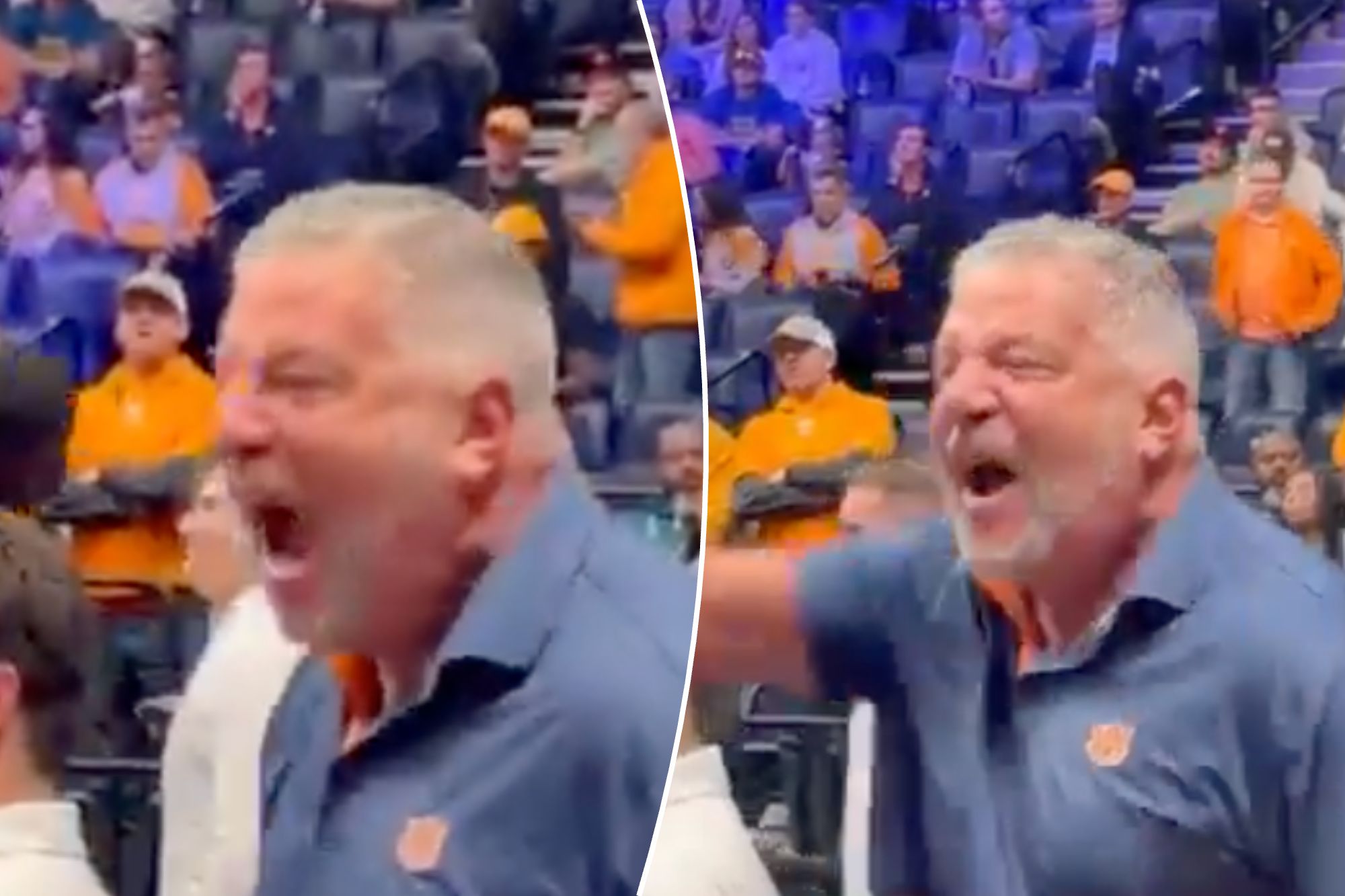 An image collage containing 2 images, Image 1 shows A man with a gray beard and a blue shirt yelling in a crowd of spectators, Image 2 shows Bruce Pearl was caught in a heated moment at the SEC Tournament on March 12, 2026