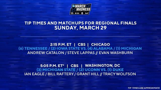 CBS Sports and TNT Sports announce tip times and commentators for regional finals on Sunday, March 29