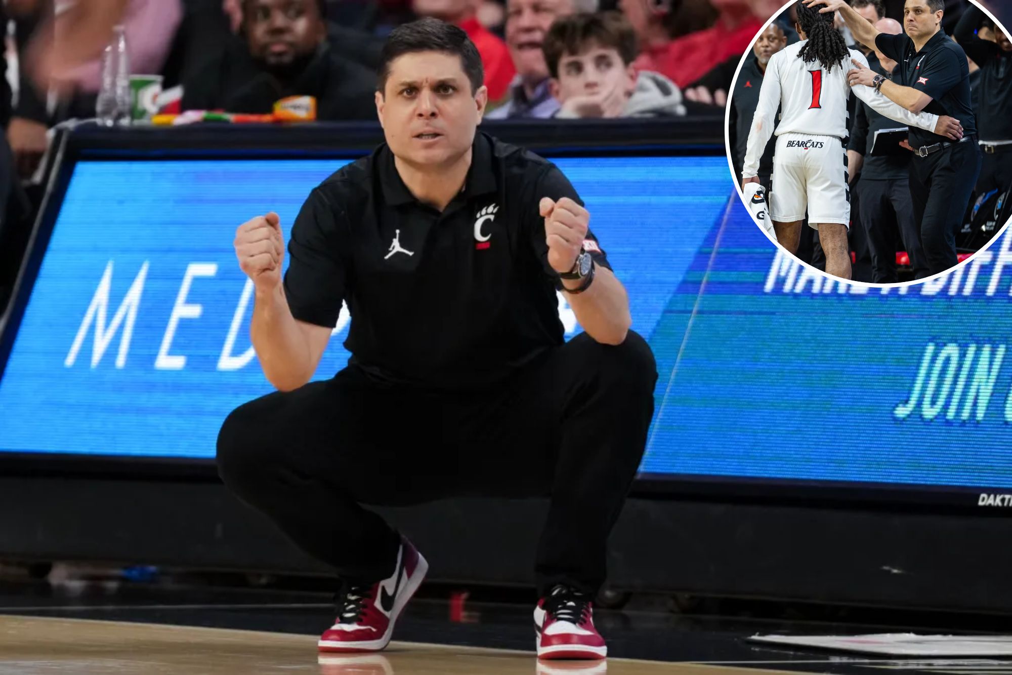 An image collage containing 2 images, Image 1 shows Cincinnati Bearcats head coach Wes Miller works the sideline, Image 2 shows Cincinnati Bearcats coach Wes Miller congratulating player Day Day Thomas during a college basketball game