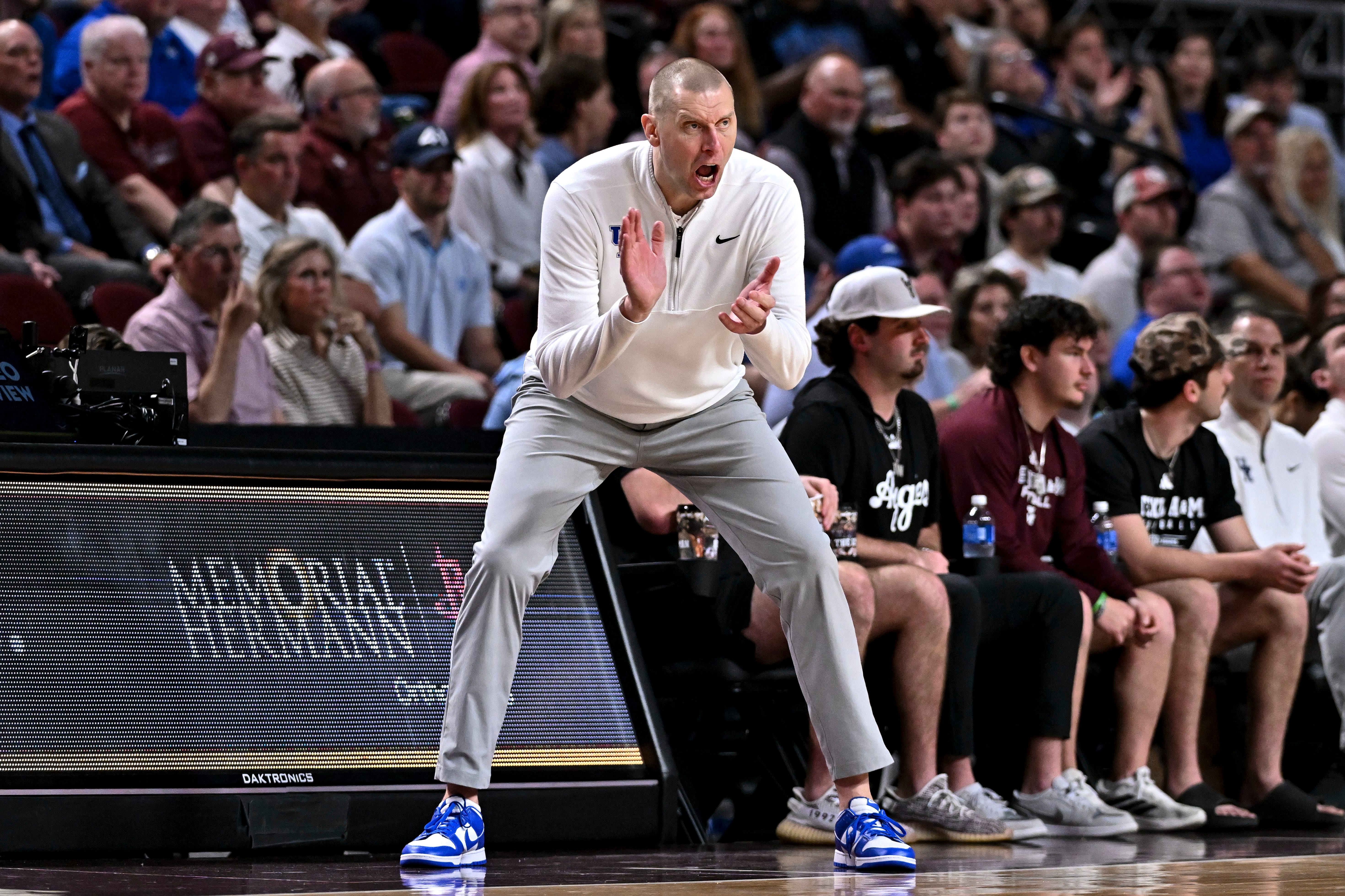 Mar 3, 2026; College Station, Texas, USA; Kentucky Wildcats head coach Mark Pope reacts during the second half against the Texas A&M Aggies at Reed Arena. Mandatory Credit: Maria Lysaker-Imagn Images