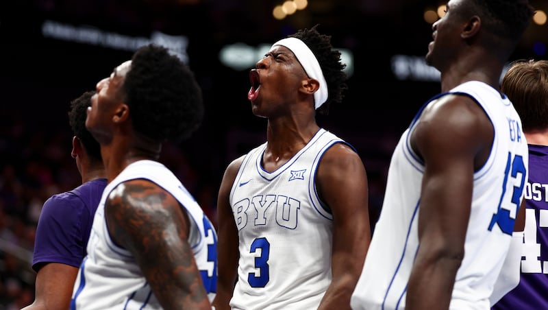 BYU forward AJ Dybantsa (3) reacts after a basket during the second half of the game against the Kansas State Wildcats during the 2026 Phillips 66 Big 12 Men's Basketball Tournament at the T-Mobile Center in Kansas City, Missouri, on Tuesday, March 10, 2026.