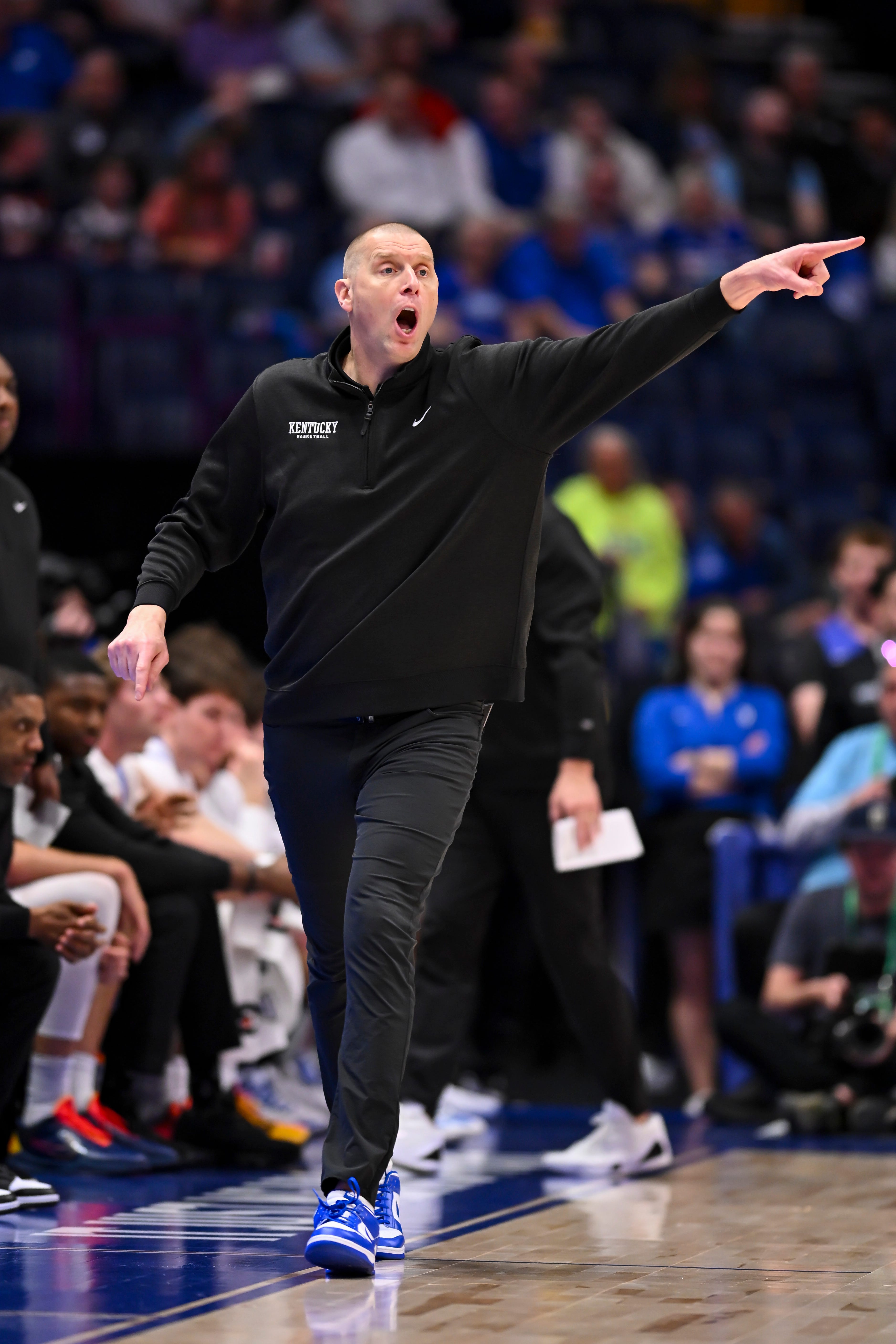 Mar 11, 2026; Nashville, TN, USA; Kentucky Wildcats head coach Mark Pope during the first half against the Louisiana State Tigers at Bridgestone Arena. Mandatory Credit: Steve Roberts-Imagn Images