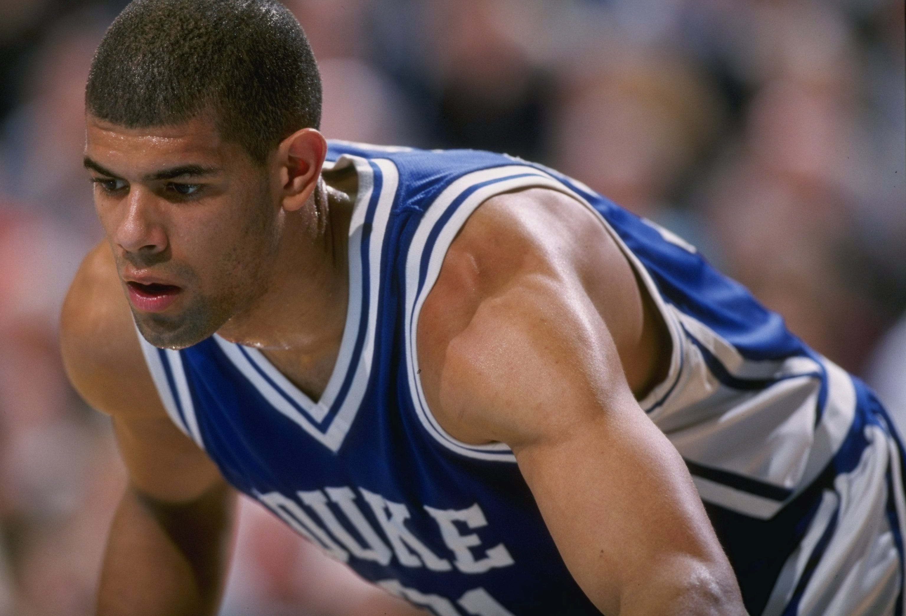 Forward Shane Battier of the Duke Blue Devils in action during a game.