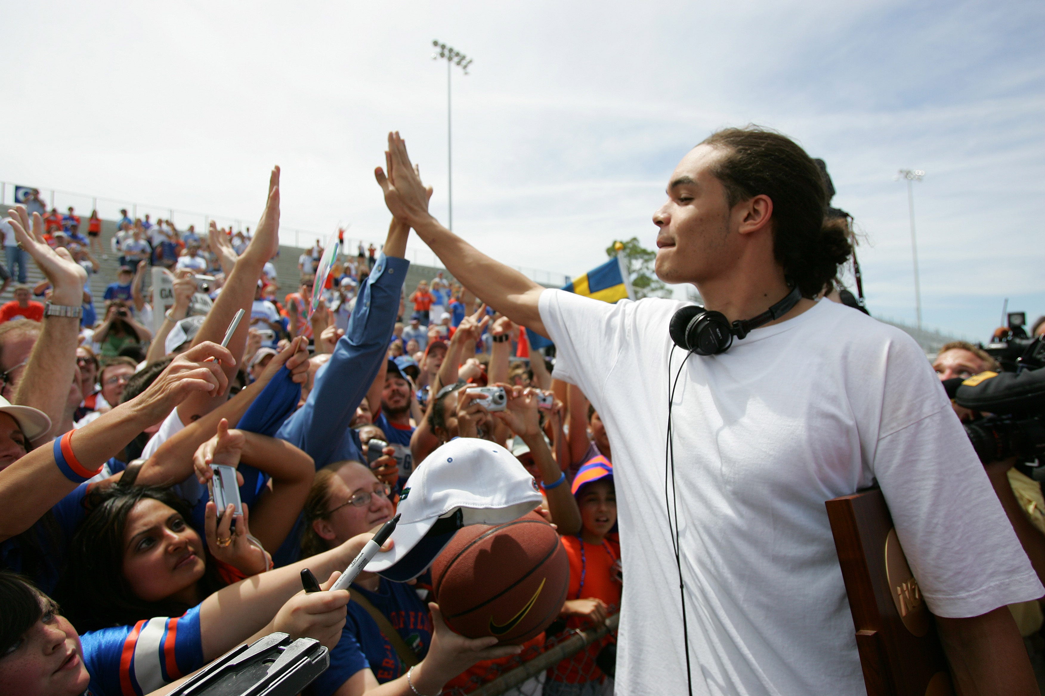 Florida Gators forward Joakim Noah celebrates with fans at a celebration for the Gators first NCAA basketball national championship.