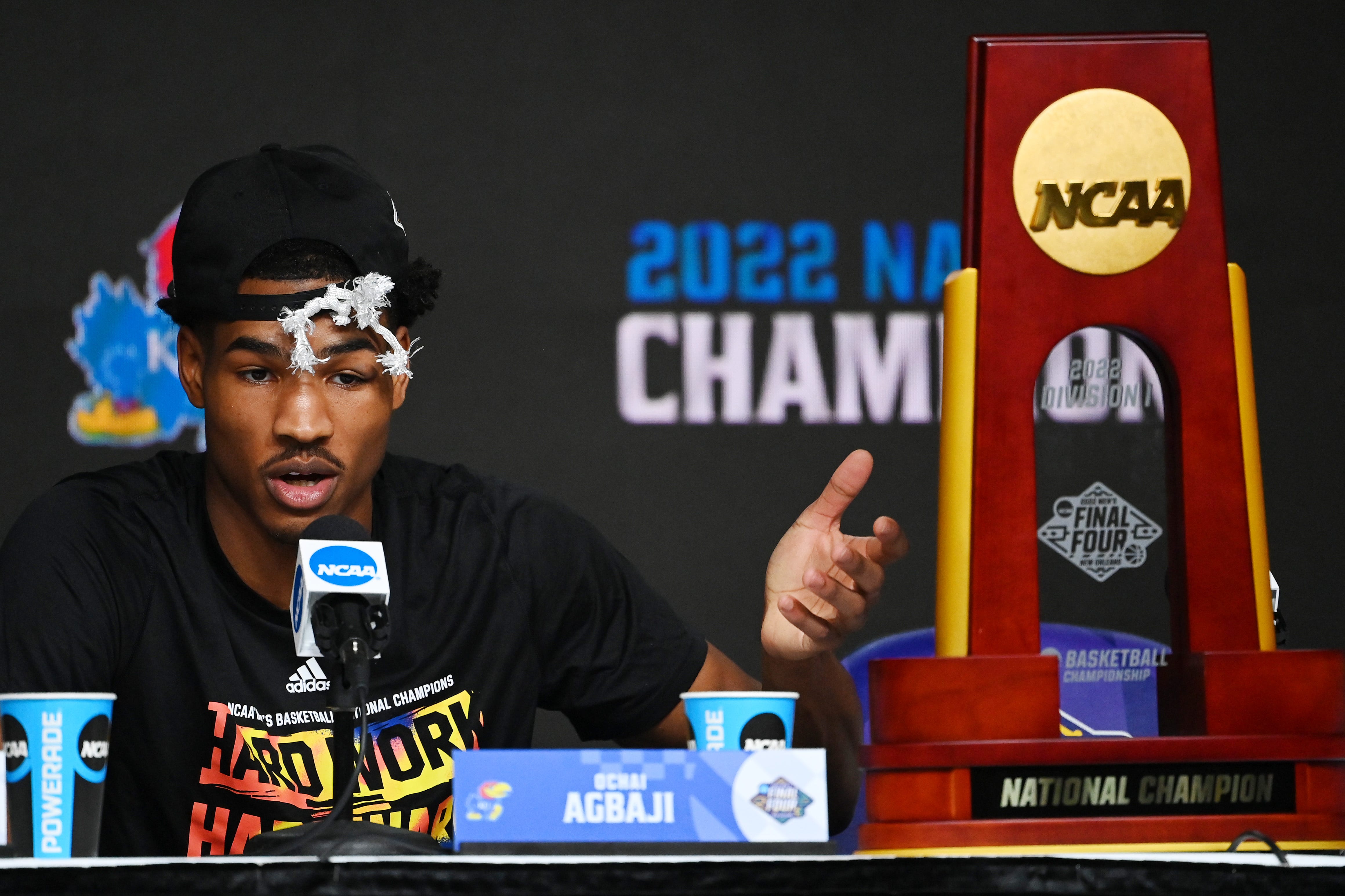 Kansas Jayhawks guard Ochai Agbaji speaks during a press conference.