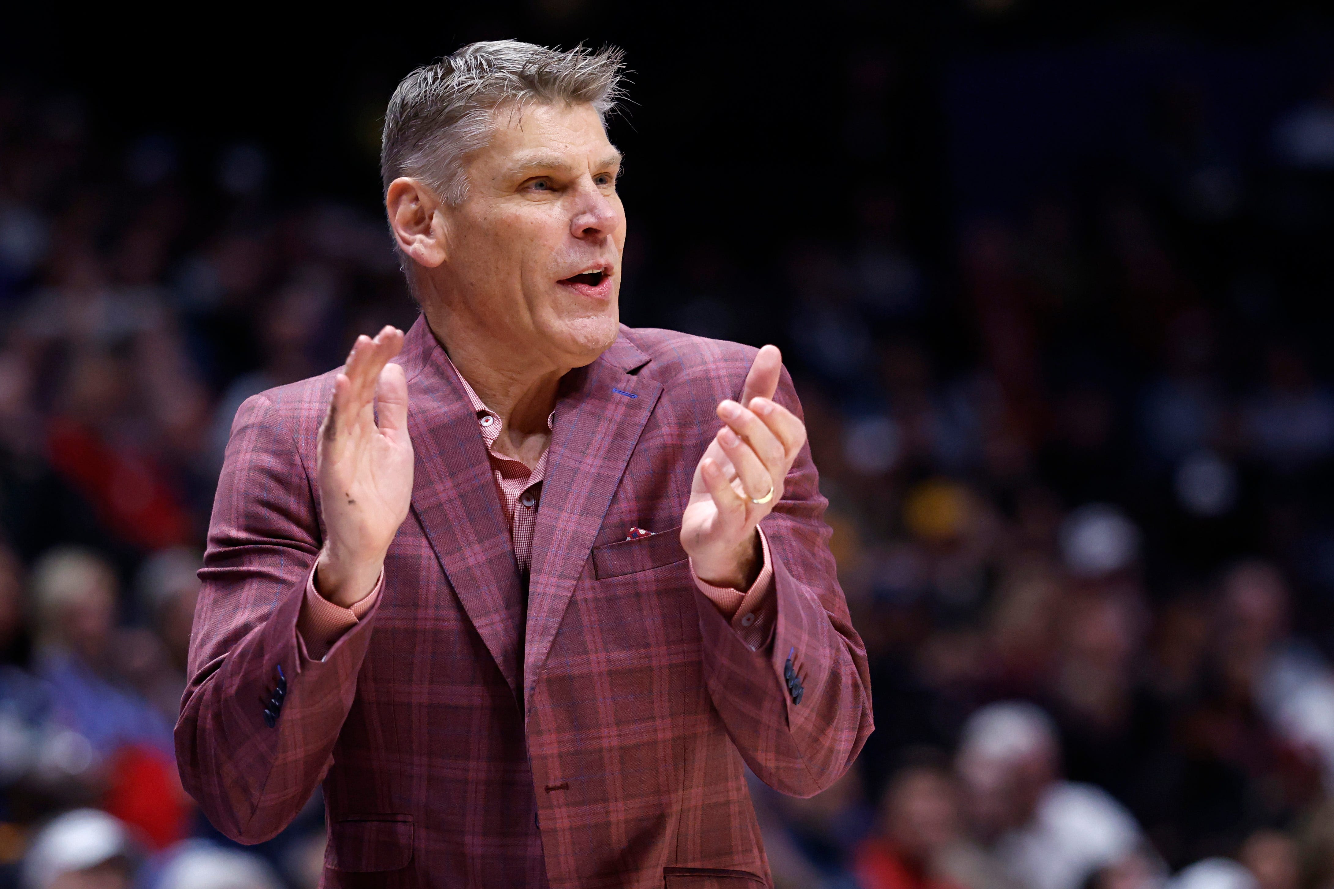 NASHVILLE, TENNESSEE - MARCH 12: Head coach Porter Moser of the Oklahoma Sooners reacts during the first half against the Texas A&M Aggies in the second round of the 2026 SEC Men's Basketball Tournament at Bridgestone Arena on March 12, 2026 in Nashville, Tennessee. (Photo by Johnnie Izquierdo/Getty Images)